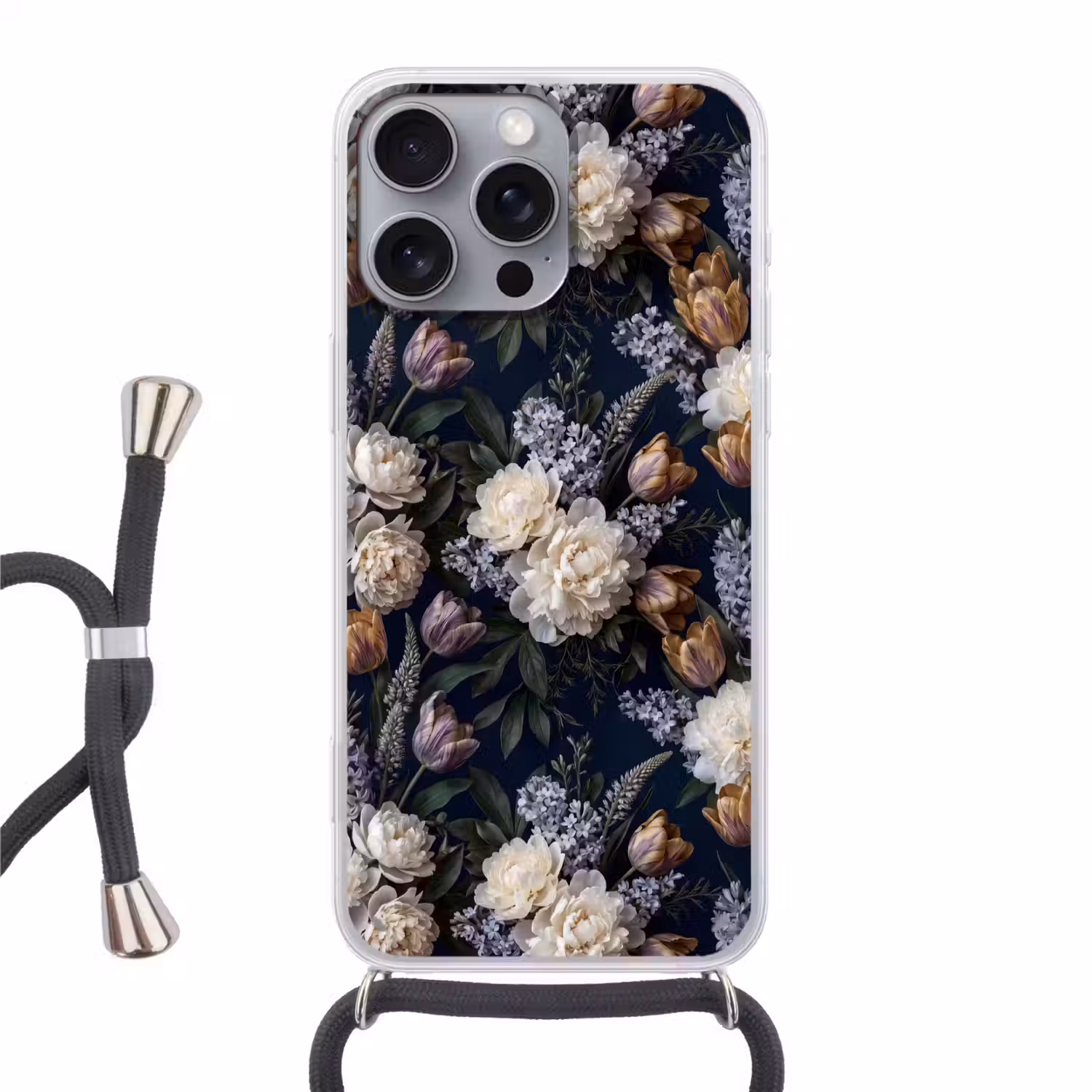 Bloemen - Donker - Elegant - Natuur - Wit Hoesje iPhone 16 Pro Max met koord klein -3d