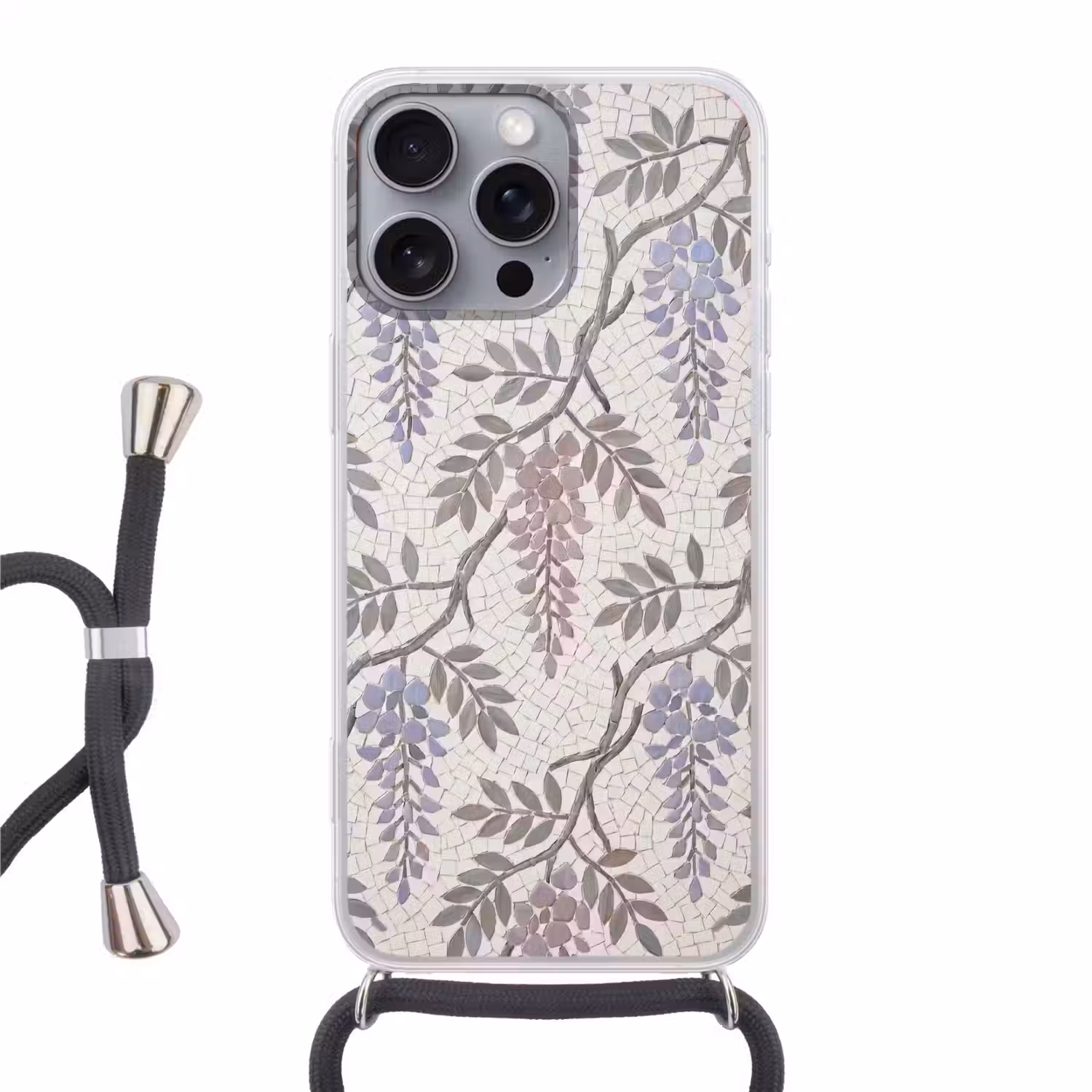 Bloemen - Mozaïek - Natuur - Patroon - Paars Hoesje iPhone 16 Pro Max met koord klein -3d