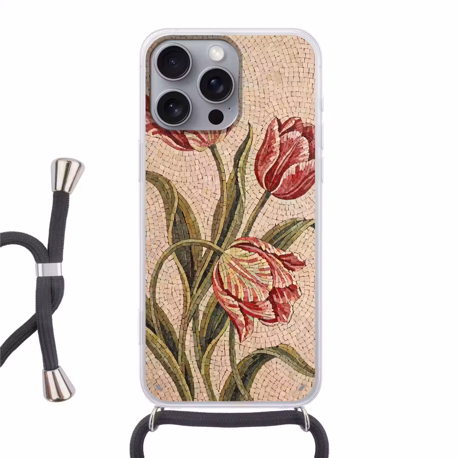 Bloemen - Mozaïek - Rood - Groen - Kunst Hoesje iPhone 16 Pro Max met koord klein -3d
