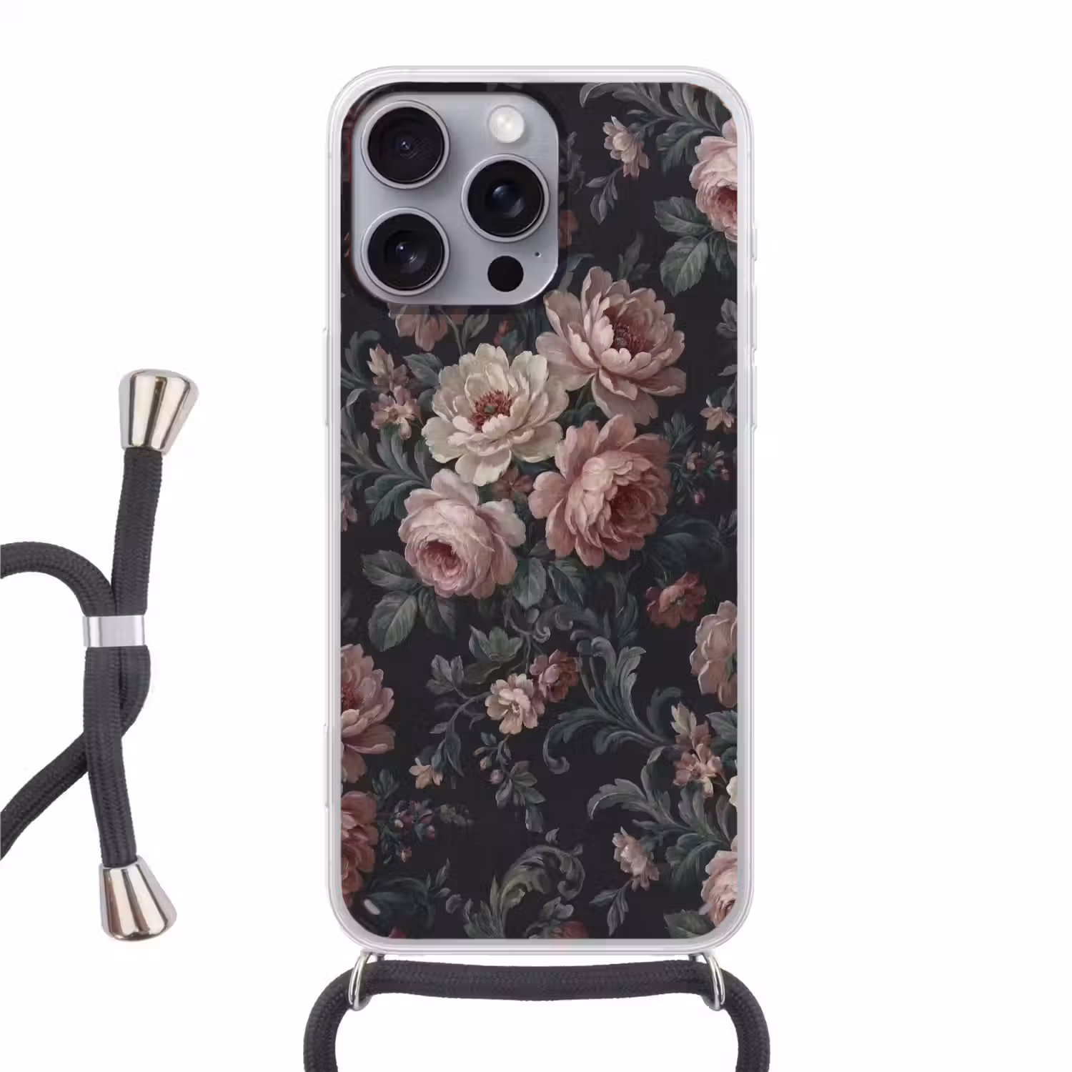 Bloemen - Patroon - Sierlijk - Roze - Donker Hoesje iPhone 16 Pro Max met koord klein -3d