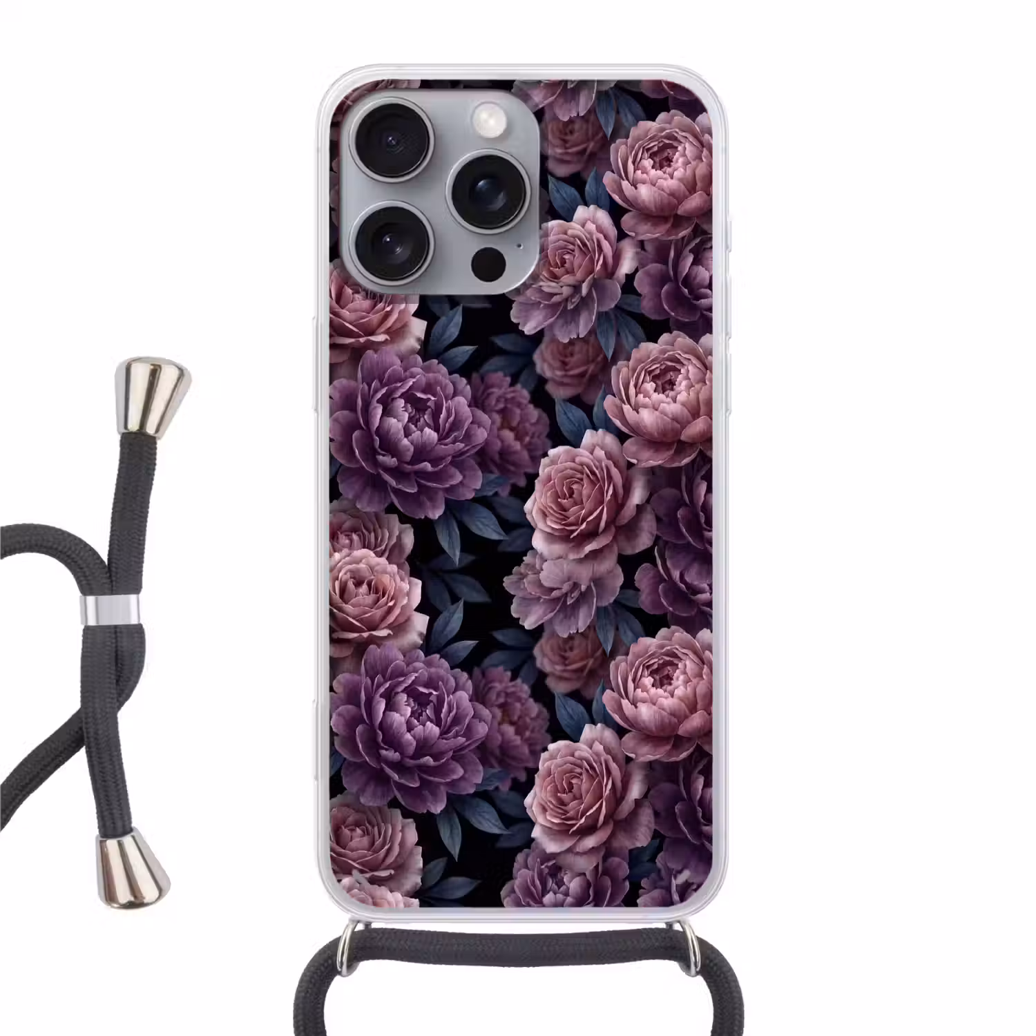 Bloemen - Patroon - Donker - Botanisch - Paars Hoesje iPhone 16 Pro Max met koord klein -3d