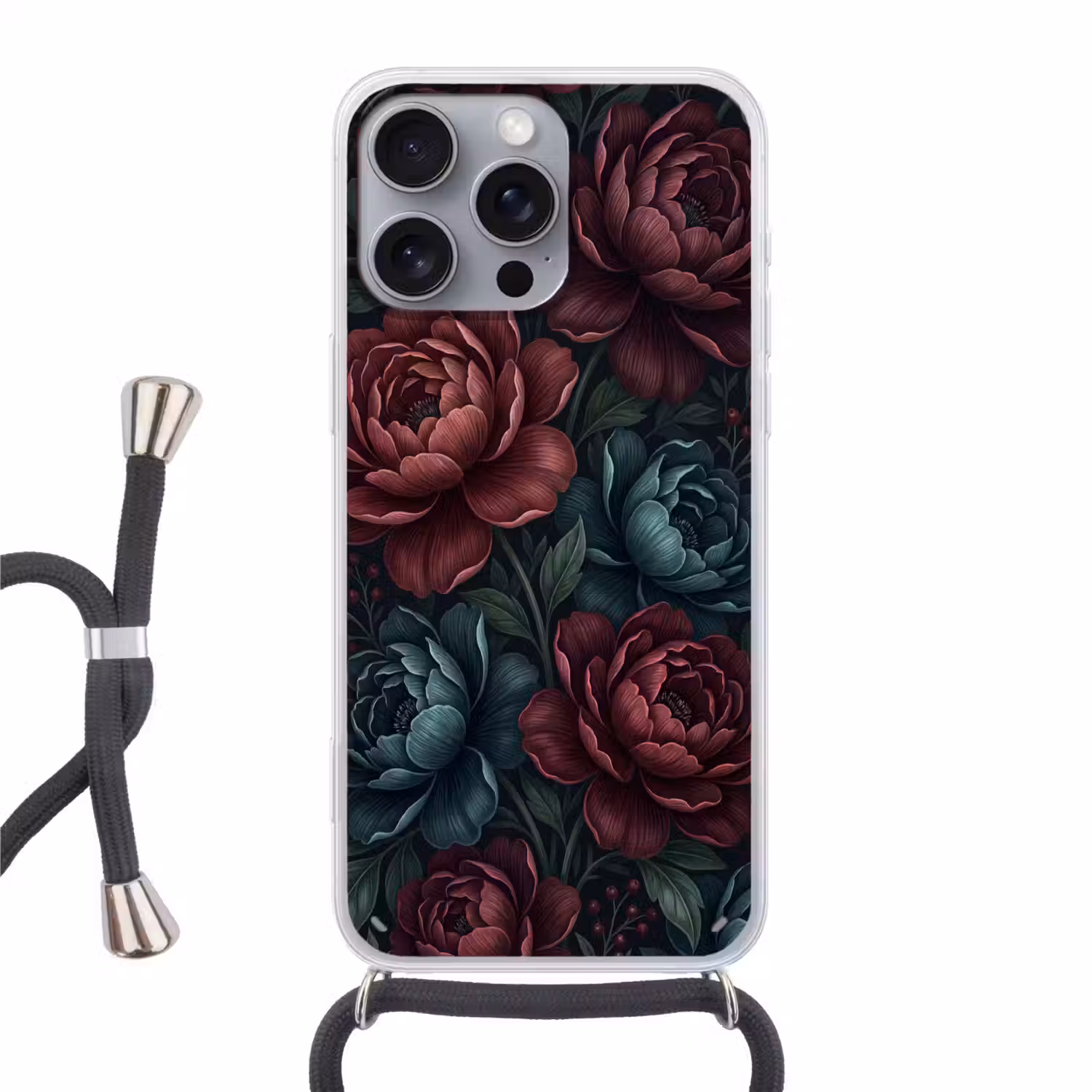 Bloemen - Patroon - Natuur - Klassiek - Donker Hoesje iPhone 16 Pro Max met koord klein -3d