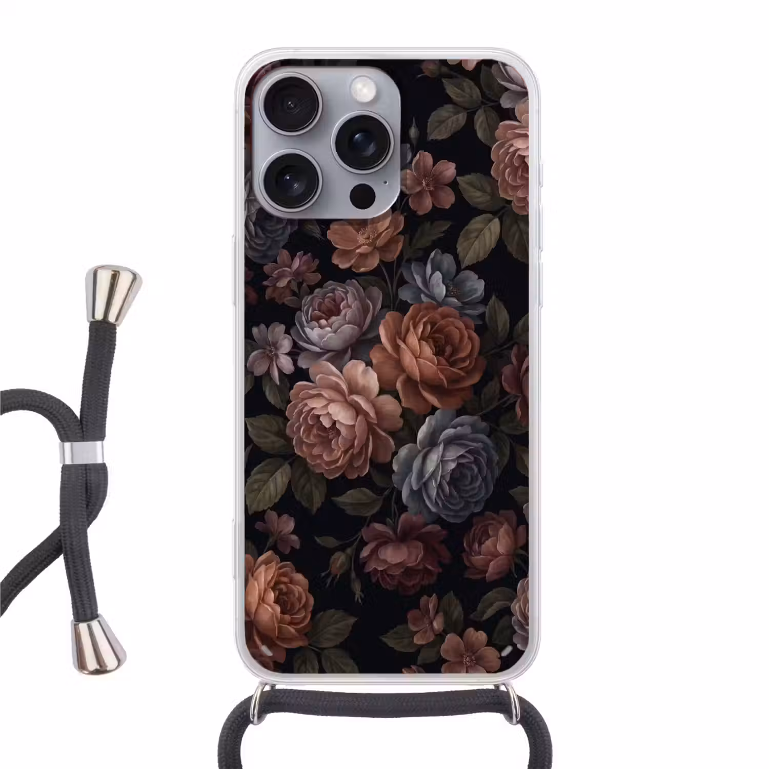 Bloemen - Patroon - Vintage - Donker - Roze Hoesje iPhone 16 Pro Max met koord klein -3d