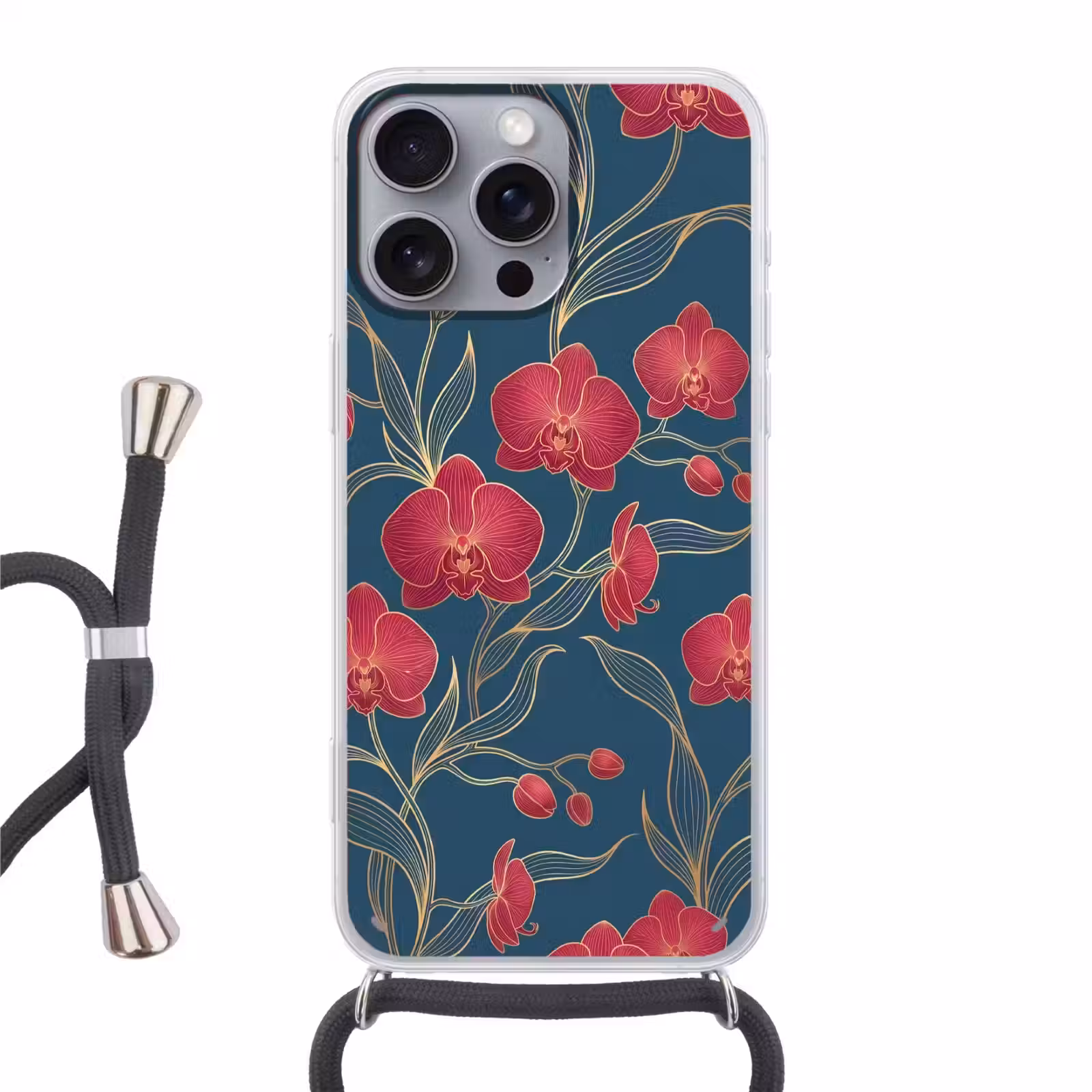 Handyhülle mit Band - Blumen – Rot – Gold - Bloemen - Rood - Goud Hoesje iPhone 16 Pro Max met koord klein