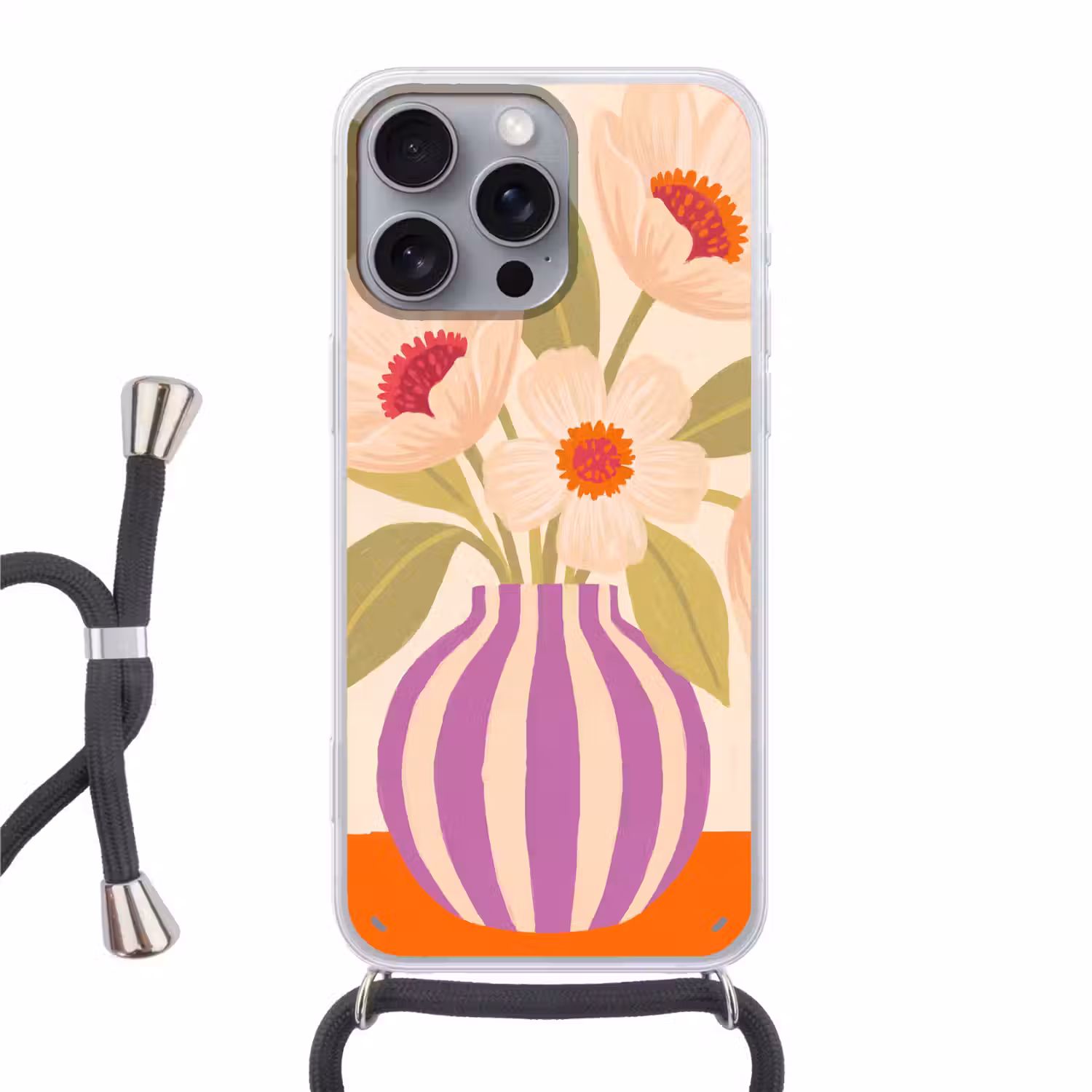 Bloemen - Vaas - Abstract - Paars - Oranje Hoesje iPhone 16 Pro Max met koord klein -3d