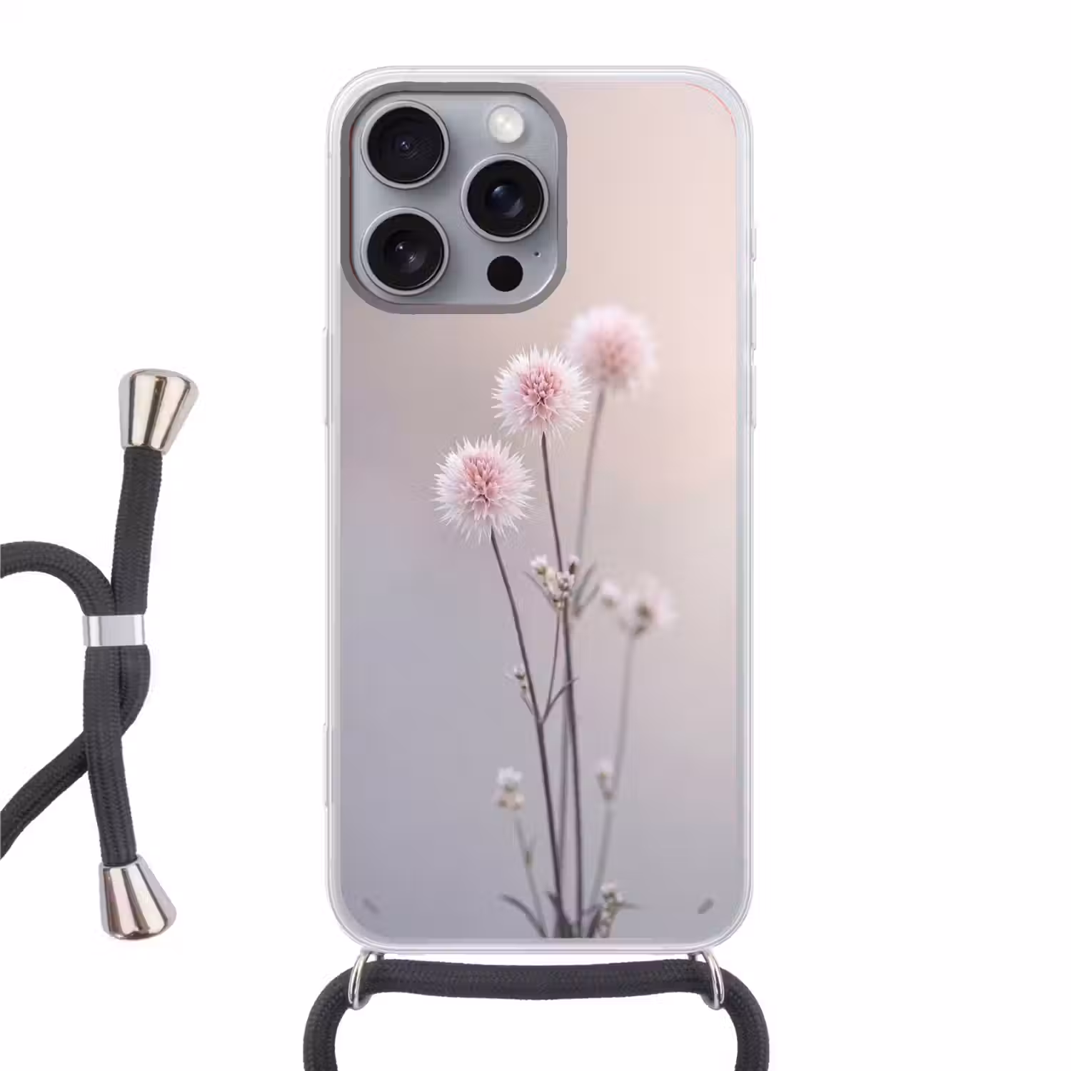 Bloemen - Bollen - Roze Hoesje iPhone 16 Pro Max met koord klein -3d