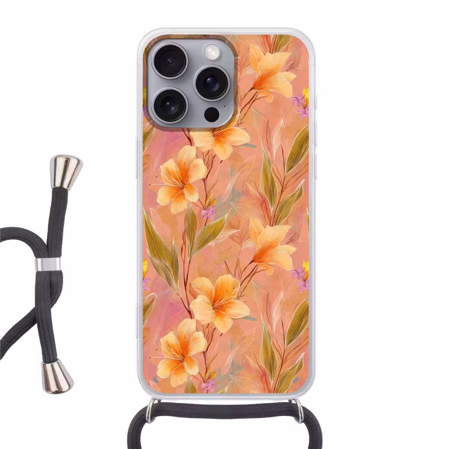 Botanisch - Bloemen - Kleurrijk Hoesje iPhone 16 Pro Max met koord klein 804 -3d