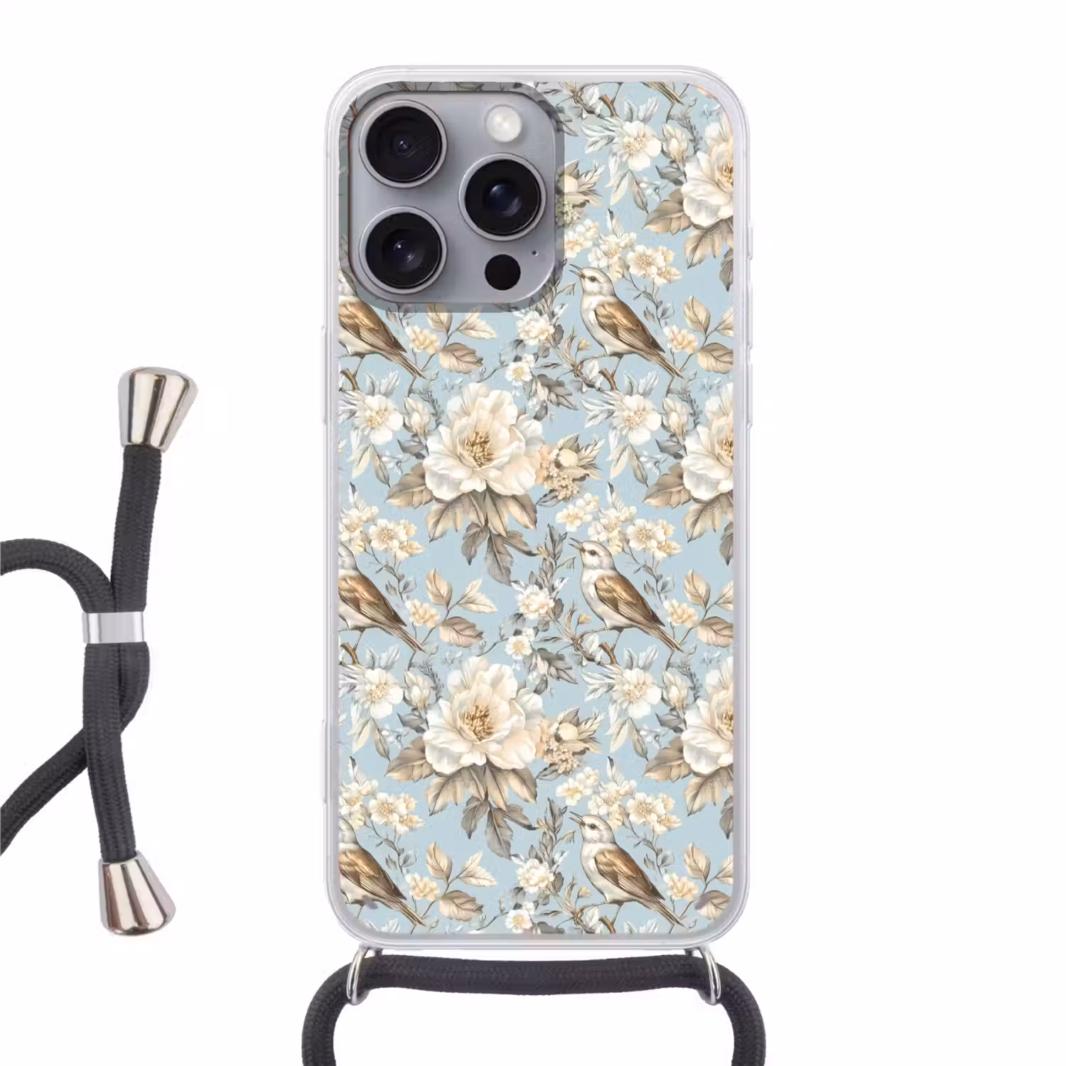 Botanisch - Zangvogel - Blauw Hoesje iPhone 16 Pro Max met koord klein 804 -3d