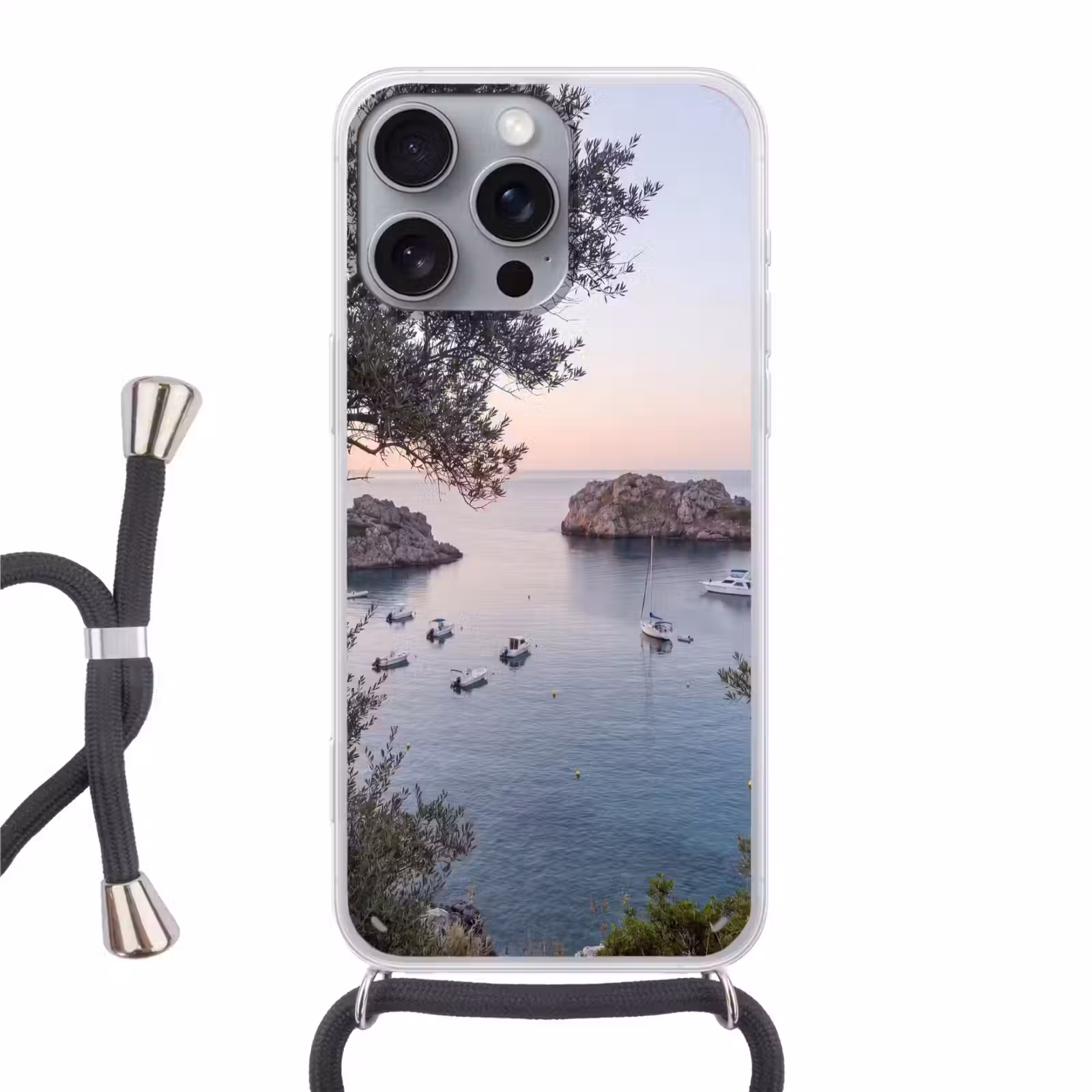 Handyhülle mit Band - Bucht – Boote – Sonnenuntergang - Baai - boten - zonsondergang Hoesje iPhone 16 Pro Max met koord klein