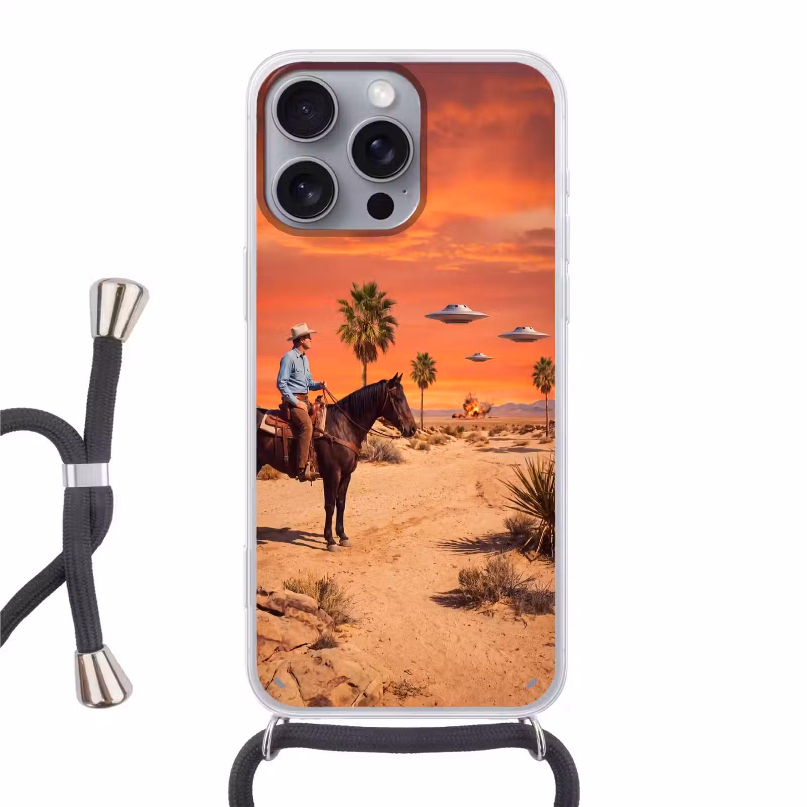 Handyhülle mit Band - Cowboy – Pferd – Wüste - Cowboy - Paard - Woestijn Hoesje iPhone 16 Pro Max met koord klein