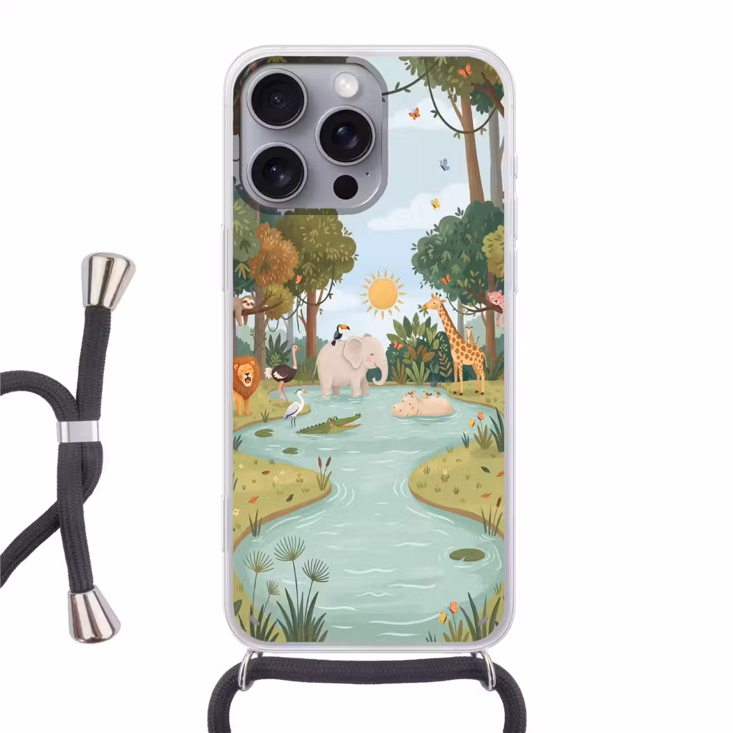 Jungle - Oase - Dieren - Kleurrijk Hoesje iPhone 16 Pro Max met koord klein -3d