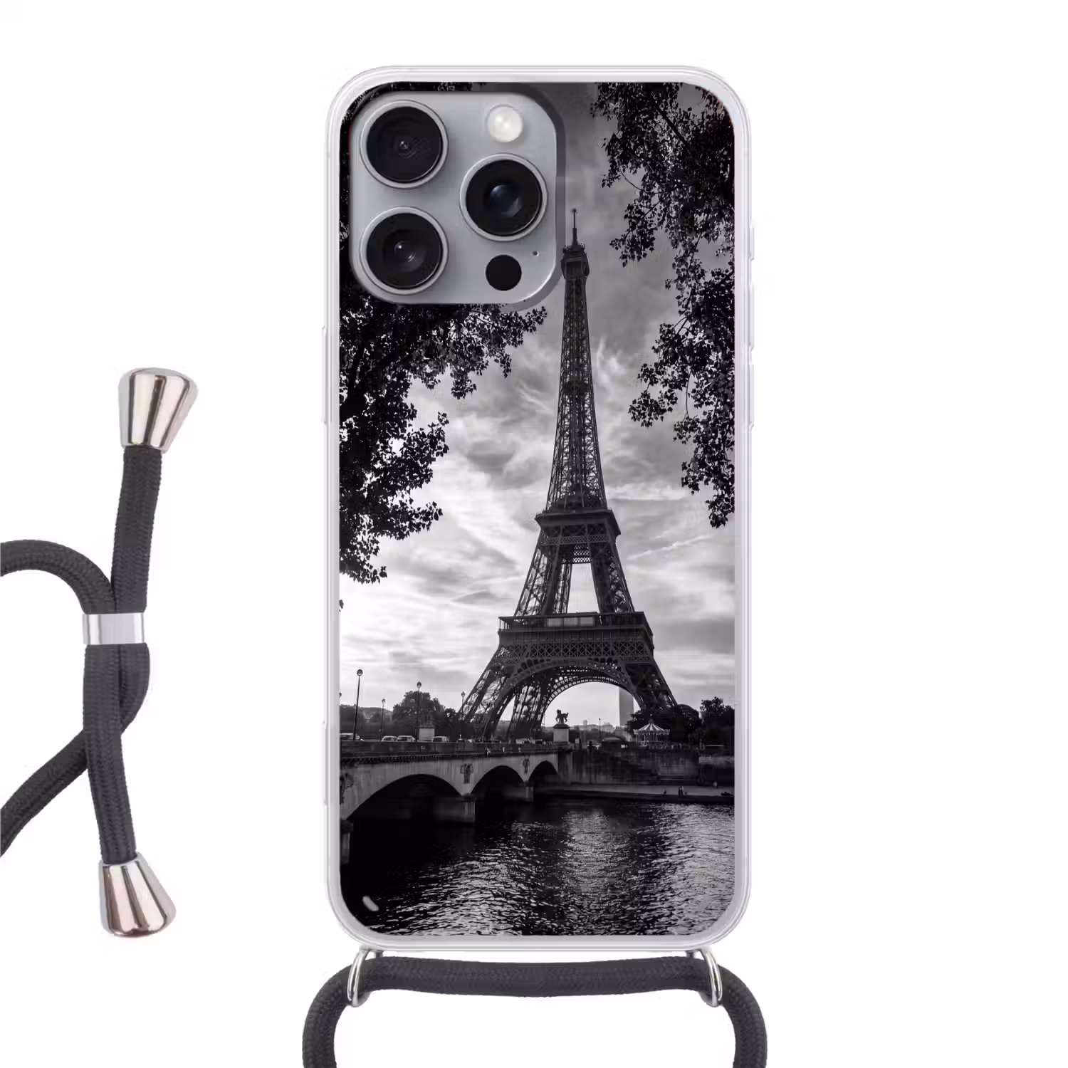 Eiffeltoren - Parijs - Rivier - Architectuur - Zwart-wit Hoesje iPhone 16 Pro Max met koord klein -3d