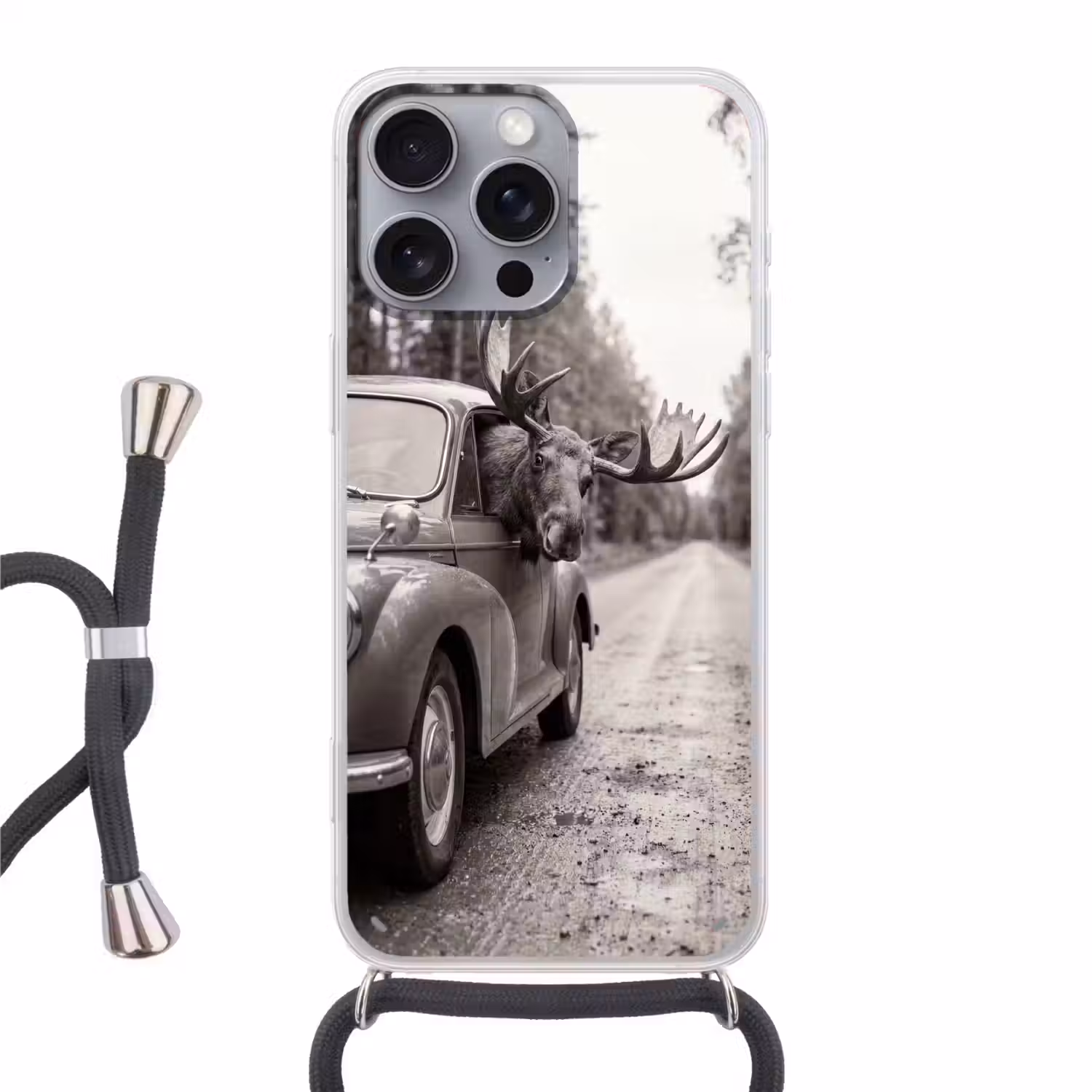 Eland - Auto - Gewei - Zwart - Wit Hoesje iPhone 16 Pro Max met koord klein -3d