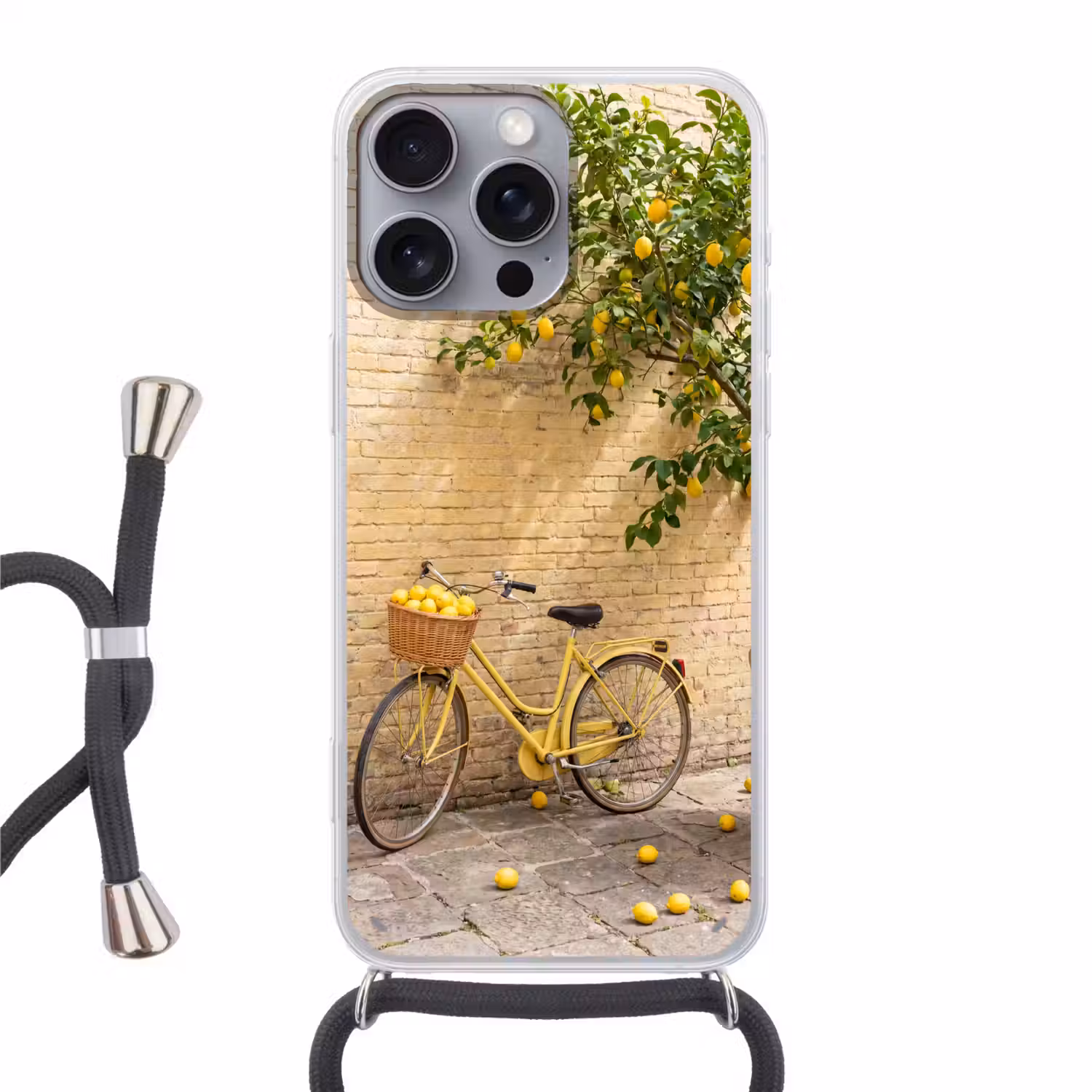 Fiets - Mand - Eten - Geel - Zomer Hoesje iPhone 16 Pro Max met koord klein -3d