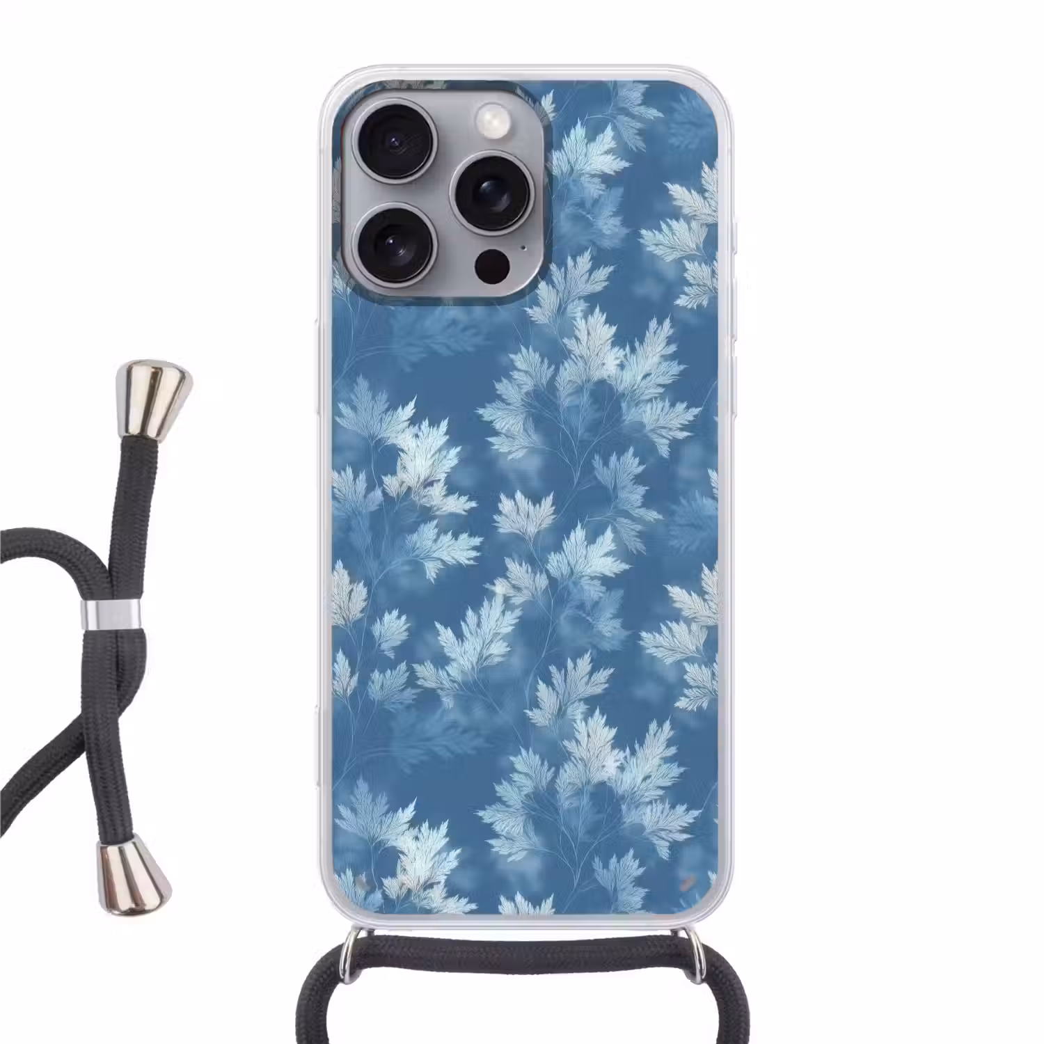 Varen - Botanisch - Patroon - Grijsblauw Hoesje iPhone 16 Pro Max met koord klein 804 -3d