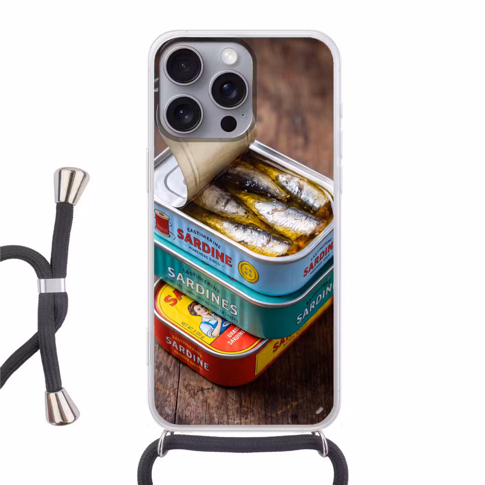 Handyhülle mit Band - Fisch – Dosen – Küche - Vis - Blikjes - Keuken Hoesje iPhone 16 Pro Max met koord klein