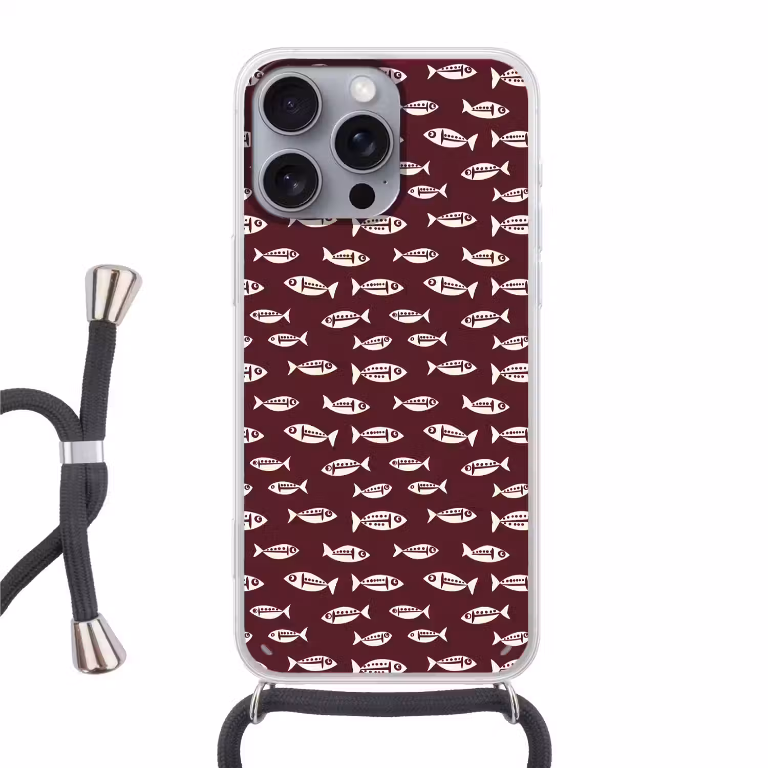 Vissen - Grafisch - Patroon - Donker Hoesje iPhone 16 Pro Max met koord klein 804 -3d