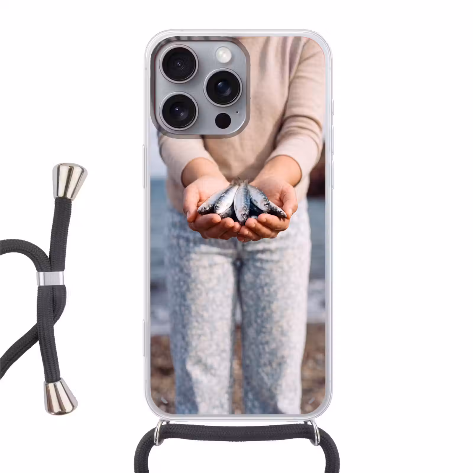 Handyhülle mit Band - Fisch – Hände – Natur - Vis - Handen - Natuur Hoesje iPhone 16 Pro Max met koord klein
