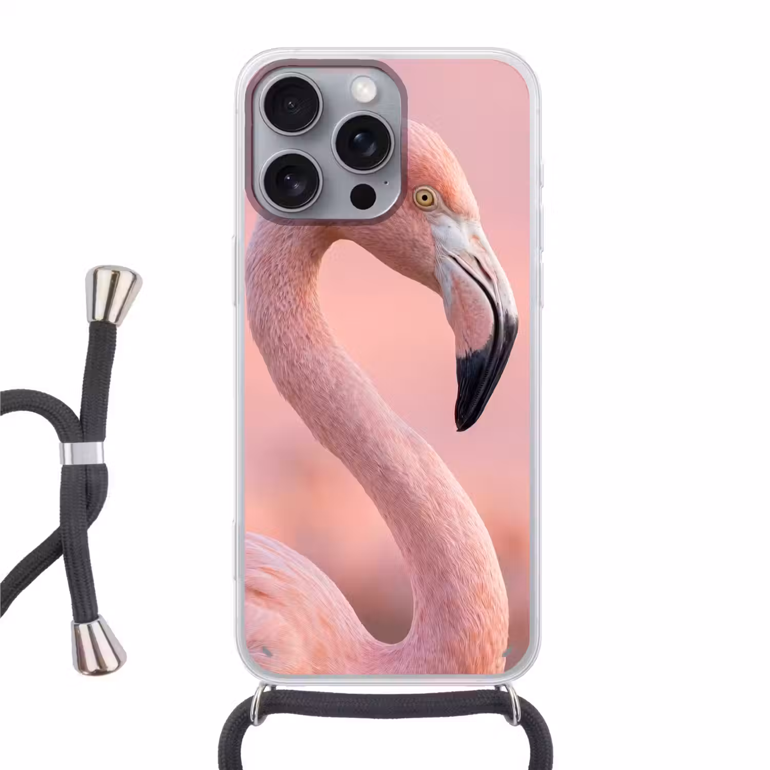 Flamingo - Portret - Roze Hoesje iPhone 16 Pro Max met koord klein -3d