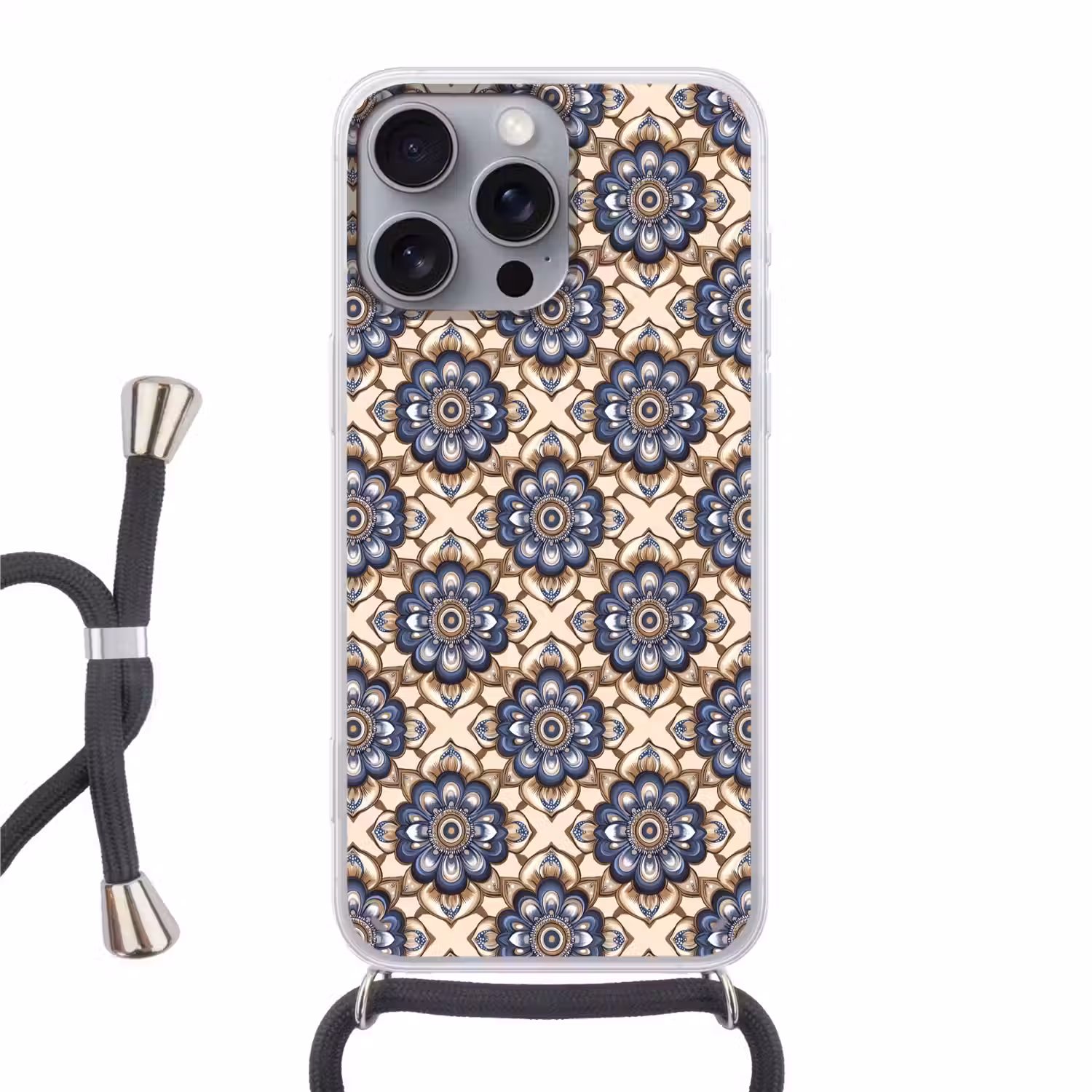 Floraal - Ornament - Blauw Hoesje iPhone 16 Pro Max met koord klein 804 -3d