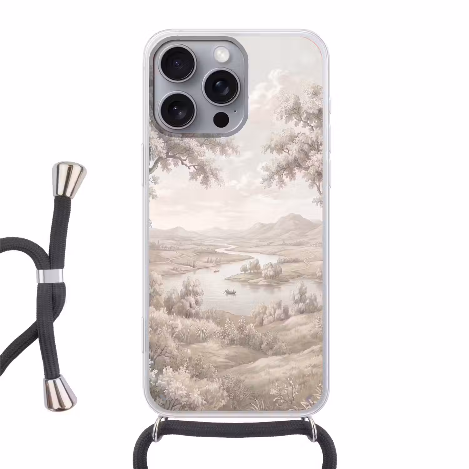 Rivierlandschap - Bergen - Natuur - Vintage - Beige Hoesje iPhone 16 Pro Max met koord klein -3d