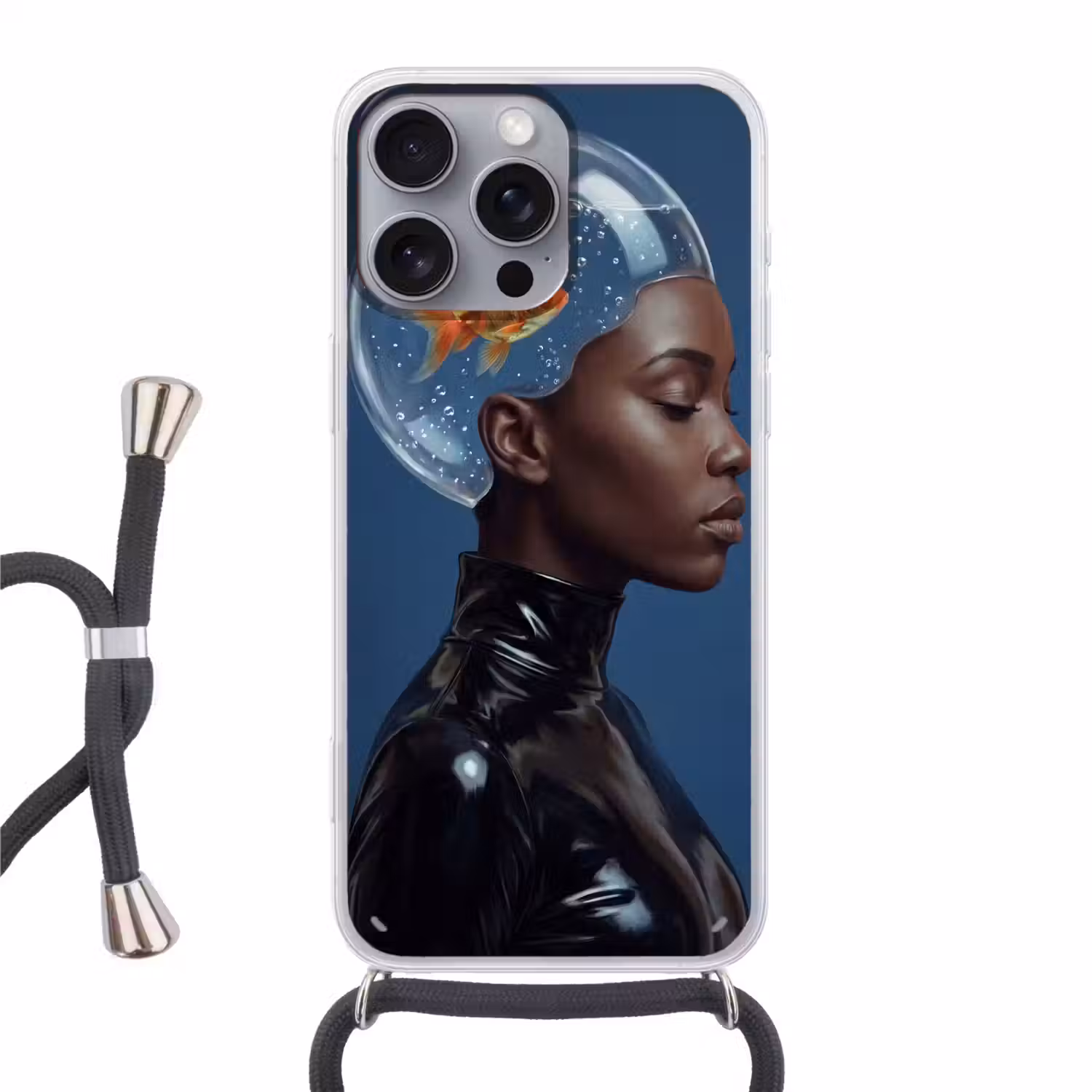 Vrouw - Goudvis - Hoofd - Abstract - Blauw Hoesje iPhone 16 Pro Max met koord klein -3d