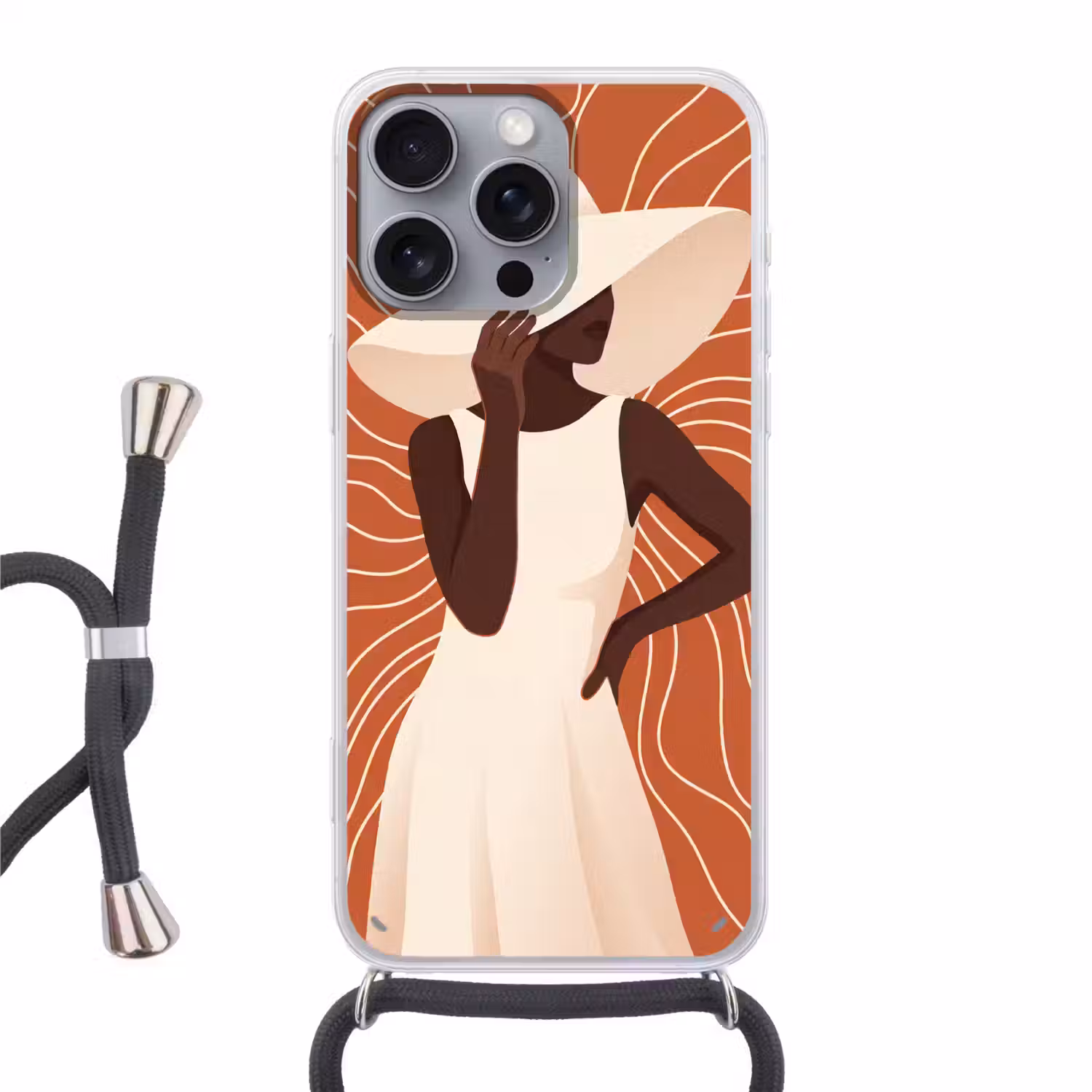 Vrouw - Hoed - Portret - Modern - Beige Hoesje iPhone 16 Pro Max met koord klein -3d