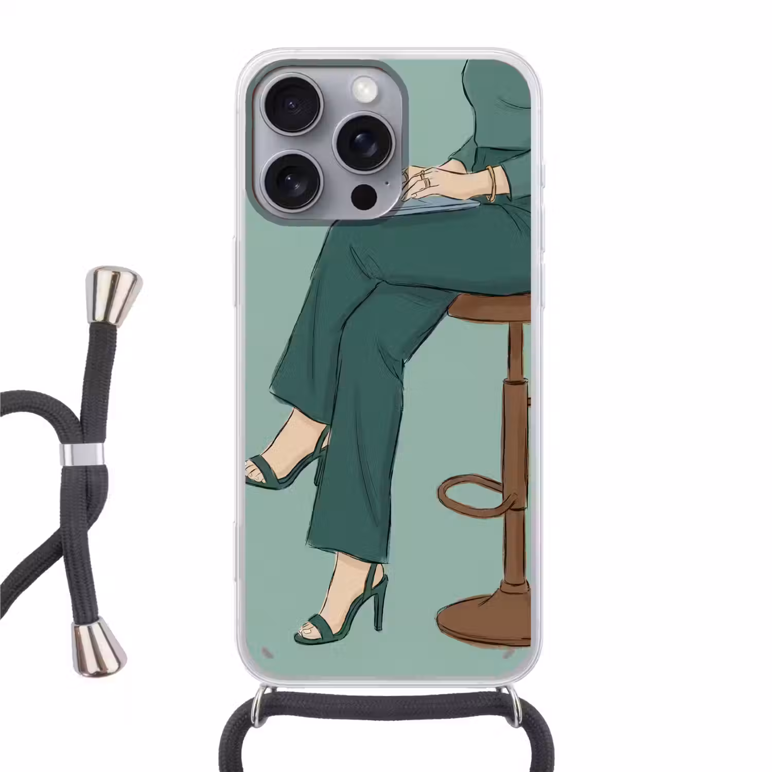 Vrouw - Laptop - Zittend - Illustratie - Groen Hoesje iPhone 16 Pro Max met koord klein -3d