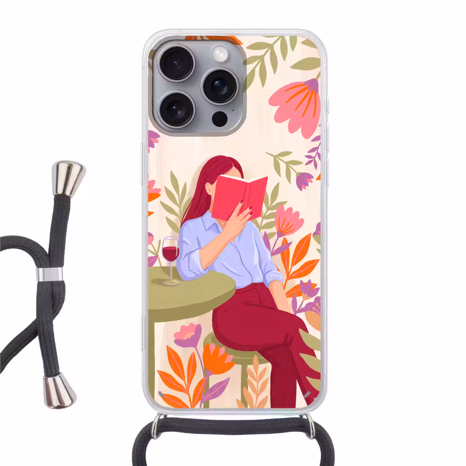 Vrouw - Lezen - Thuis - Modern - Bloemen Hoesje iPhone 16 Pro Max met koord klein -3d