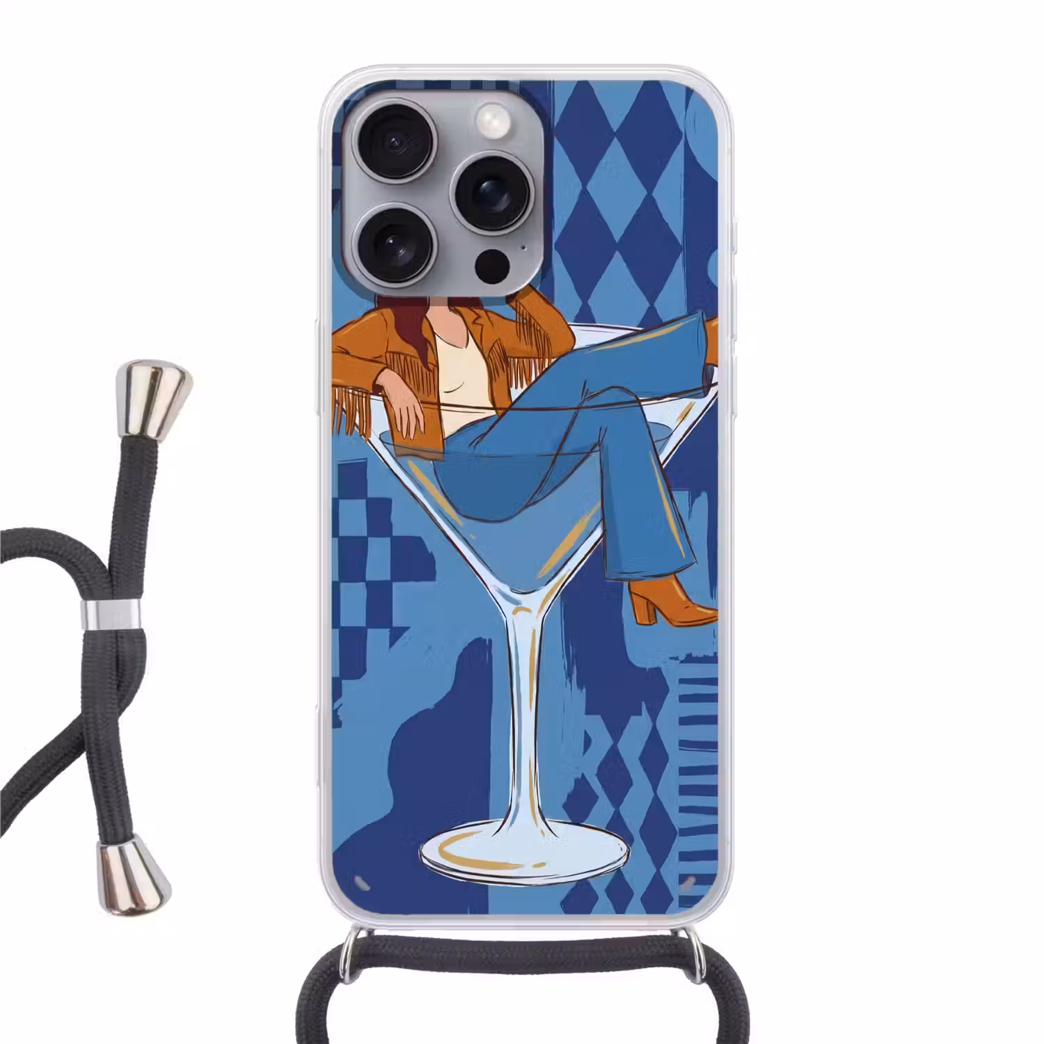 Vrouw - Martini glas - Abstract - Blauw - Kunst Hoesje iPhone 16 Pro Max met koord klein -3d