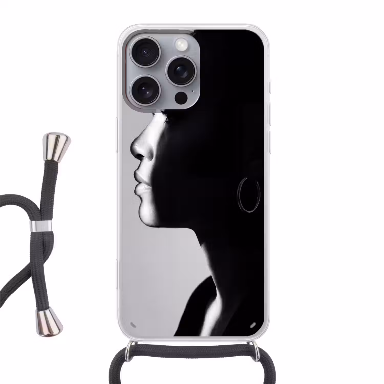 Vrouw - Profiel - Mensen - Zwart-wit Hoesje iPhone 16 Pro Max met koord klein -3d