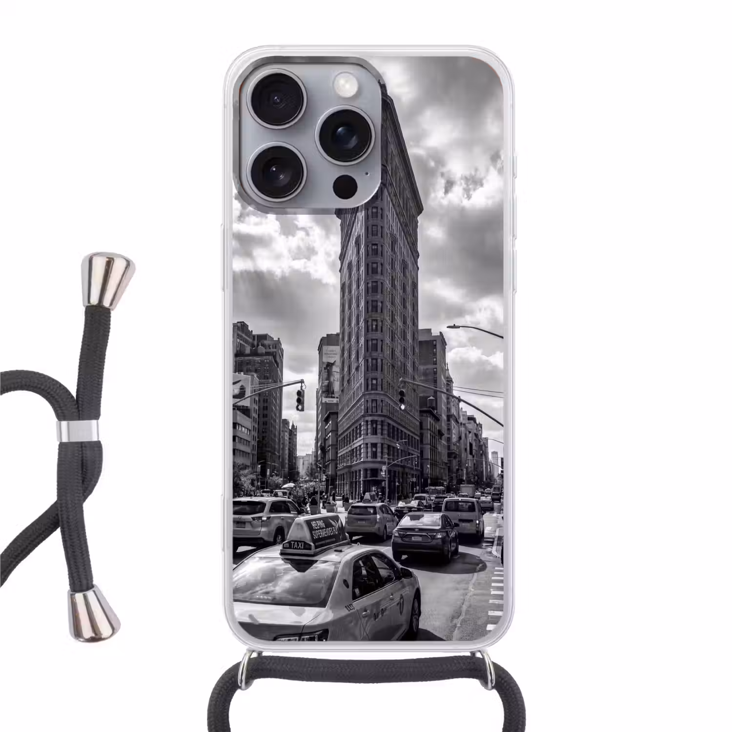 Gebouw - Hoogbouw - Stad - Architectuur - Zwart-wit Hoesje iPhone 16 Pro Max met koord klein -3d