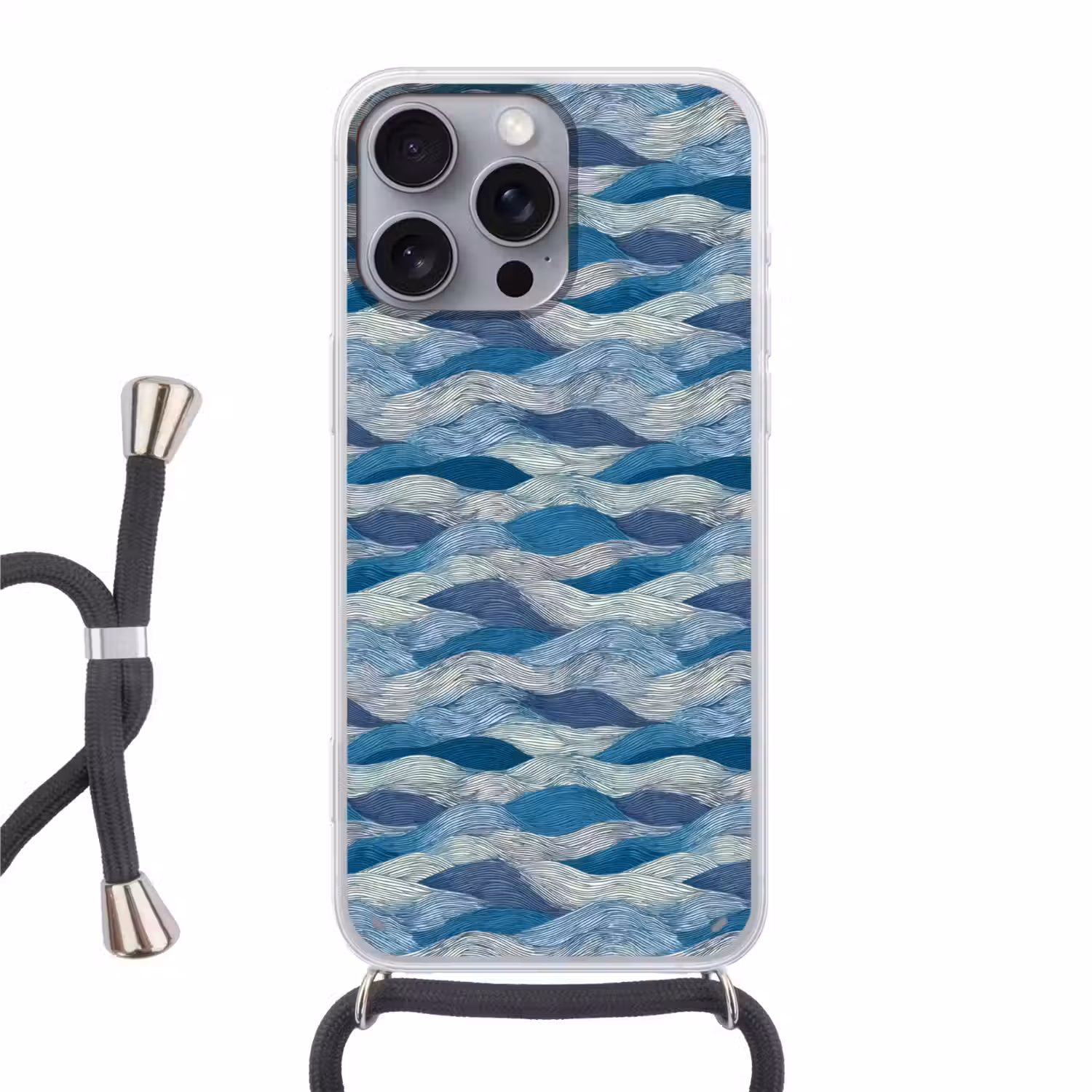 Getekend - Blauw - Wit - Golvend - Streepjes Hoesje iPhone 16 Pro Max met koord klein 804 -3d