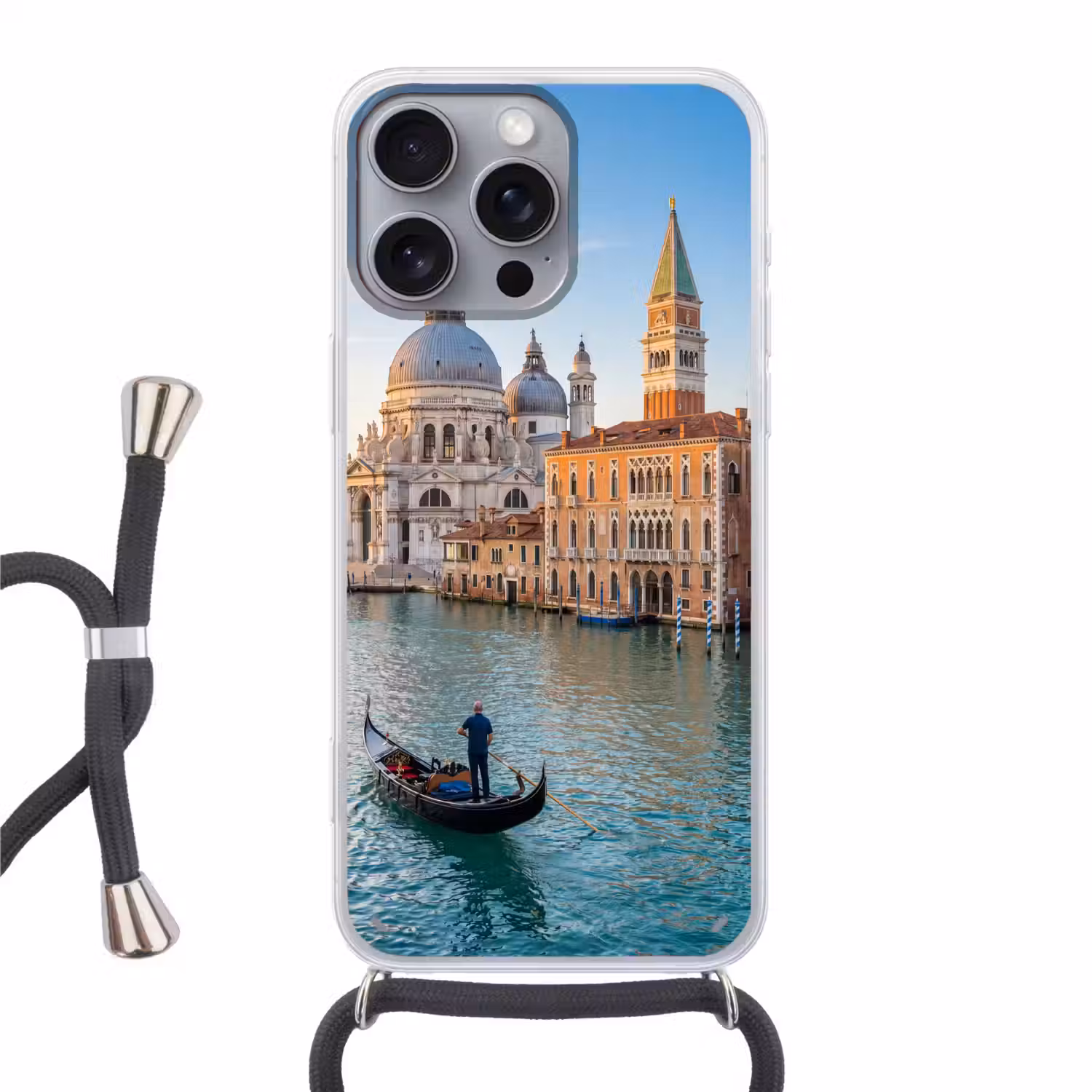 Gondel - Venetië - Kanaal - Stadsgezicht - Avondlicht Hoesje iPhone 16 Pro Max met koord klein -3d