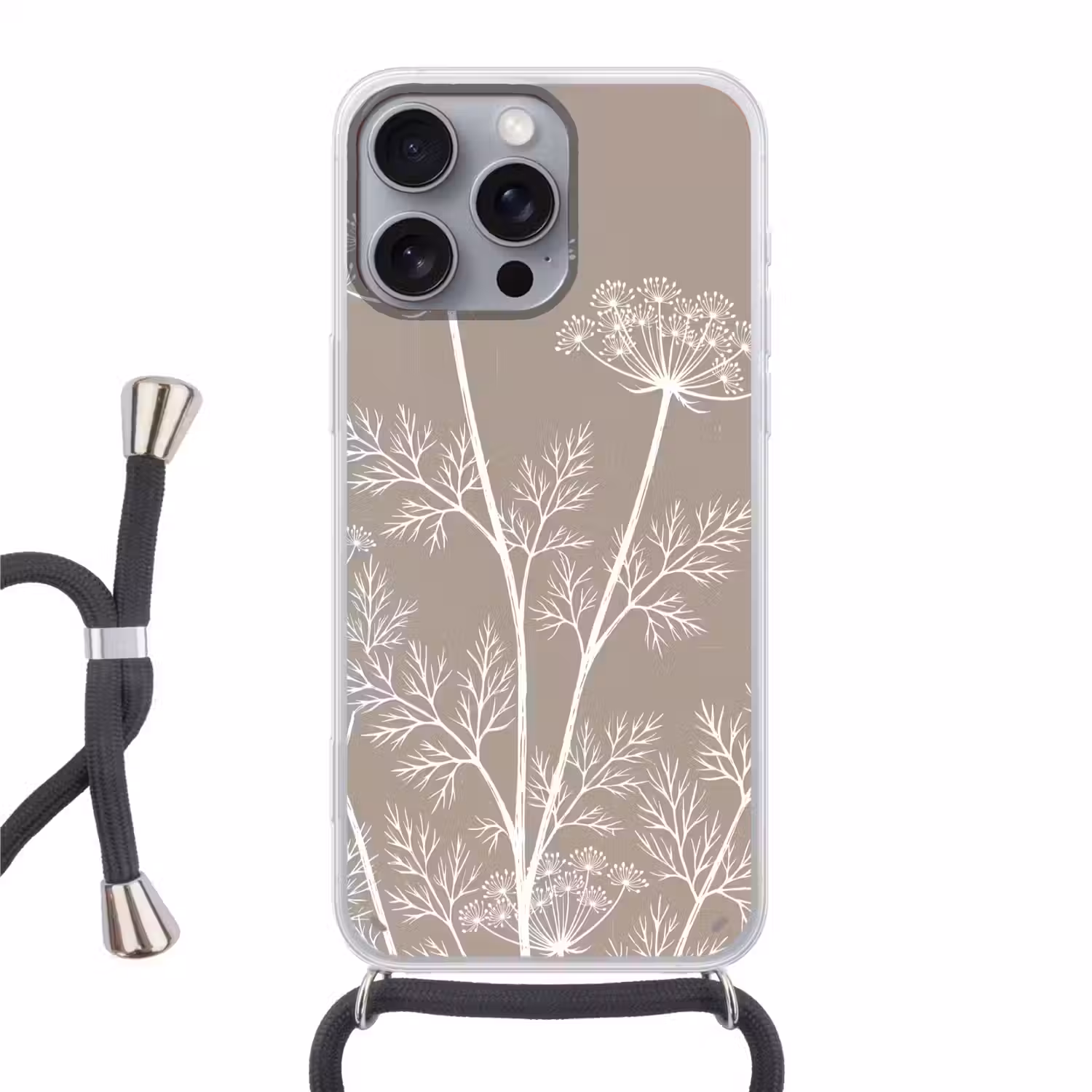 Grafisch - Fluitenkruid - Taupe Hoesje iPhone 16 Pro Max met koord klein -3d