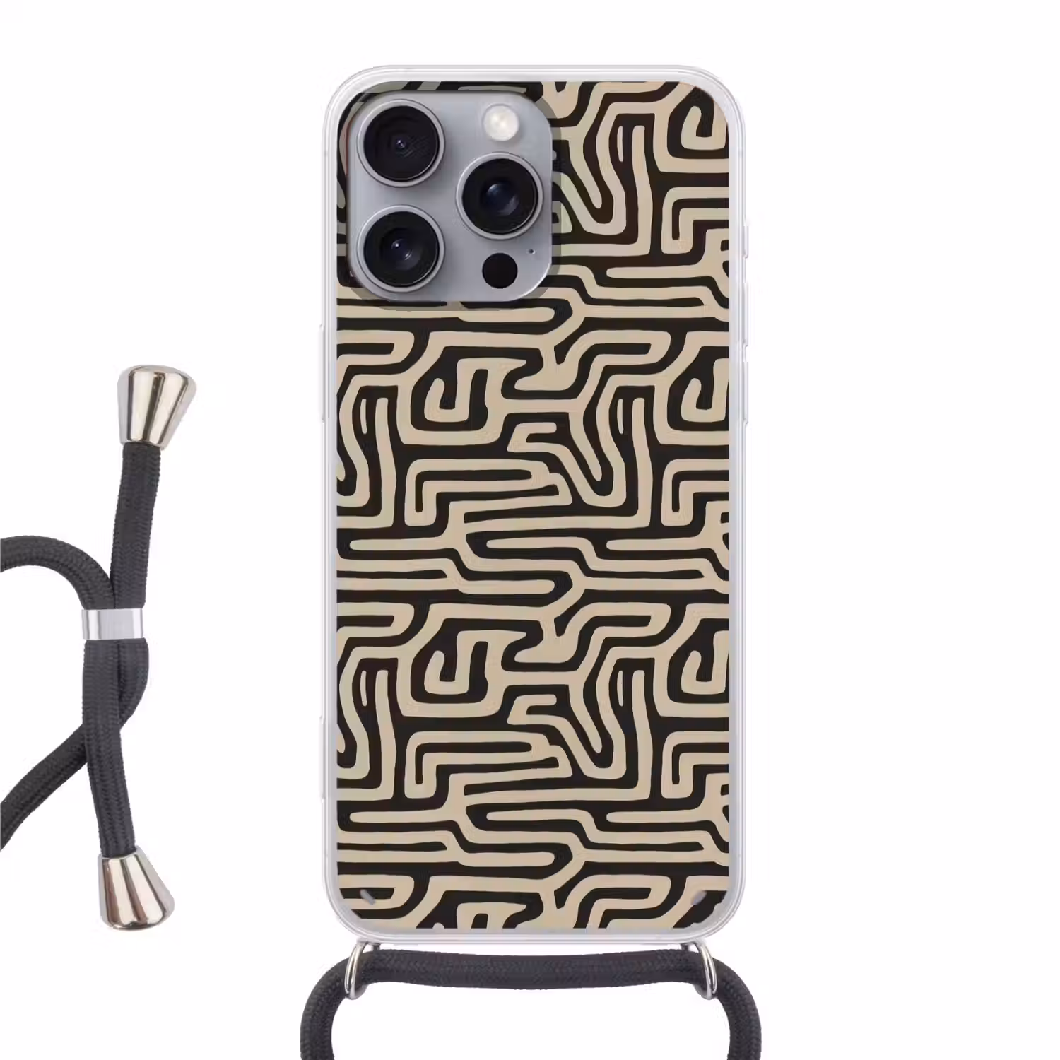 Grafisch - Lijnen - Zwart Hoesje iPhone 16 Pro Max met koord klein 804 -3d