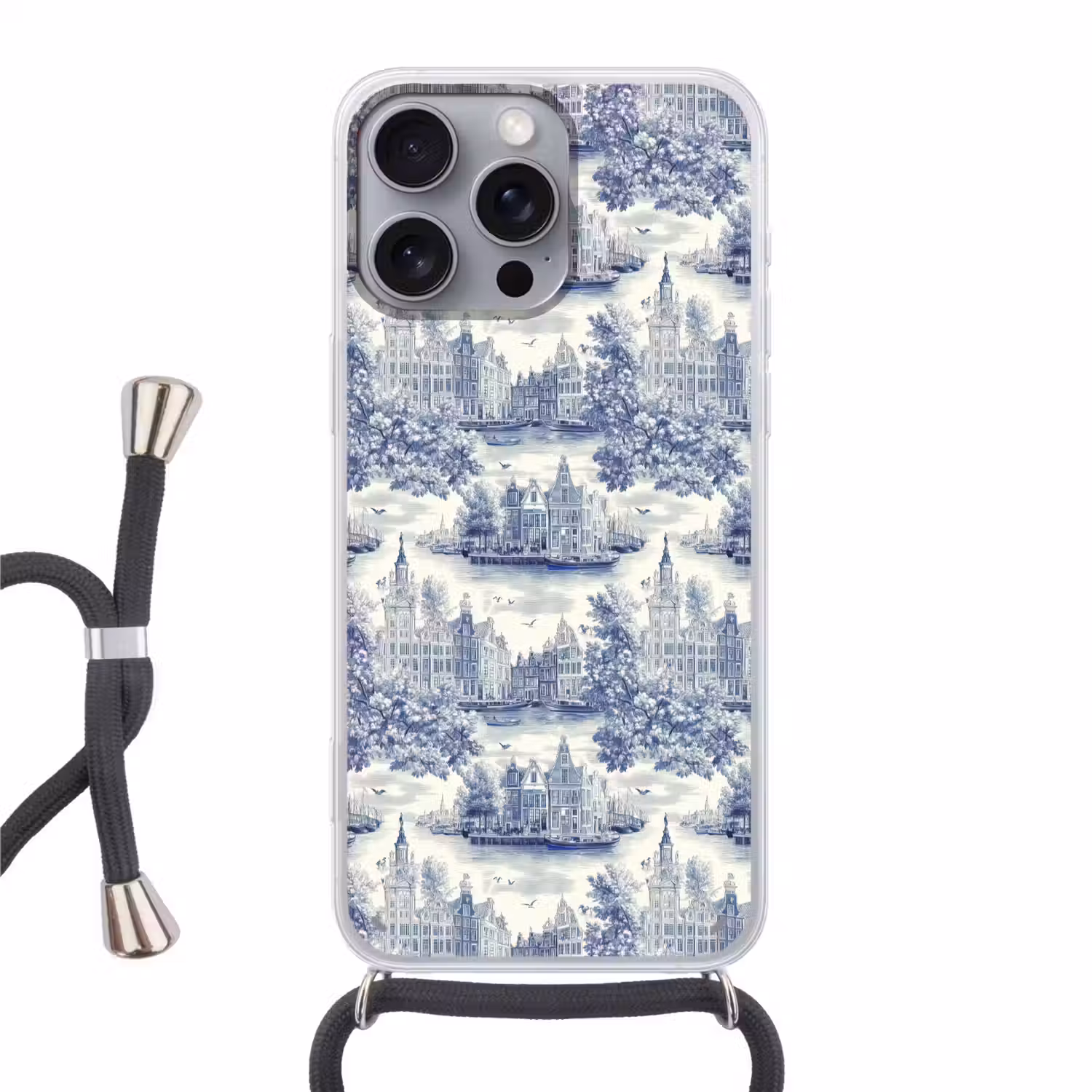 Huizen - Bomen - Water - Vogels - Blauw Hoesje iPhone 16 Pro Max met koord klein 804 -3d