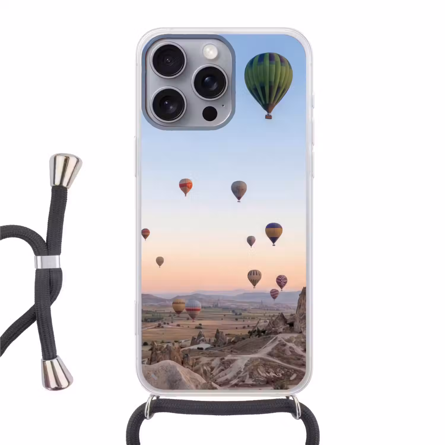 Luchtballonnen - Rotsen - Zonsopgang Hoesje iPhone 16 Pro Max met koord klein -3d