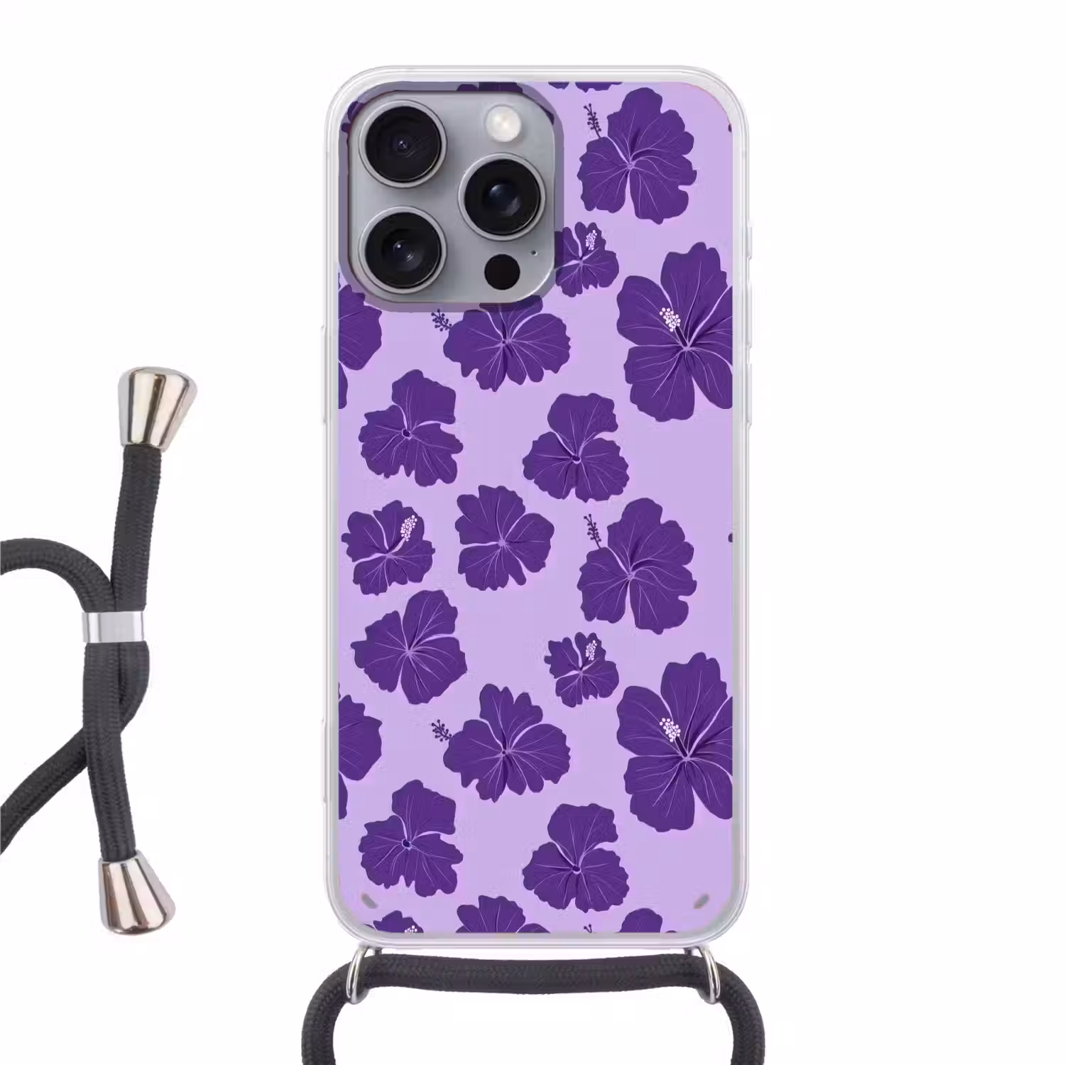 Hibiscus - Bloemen - Paars Hoesje iPhone 16 Pro Max met koord klein 804 -3d
