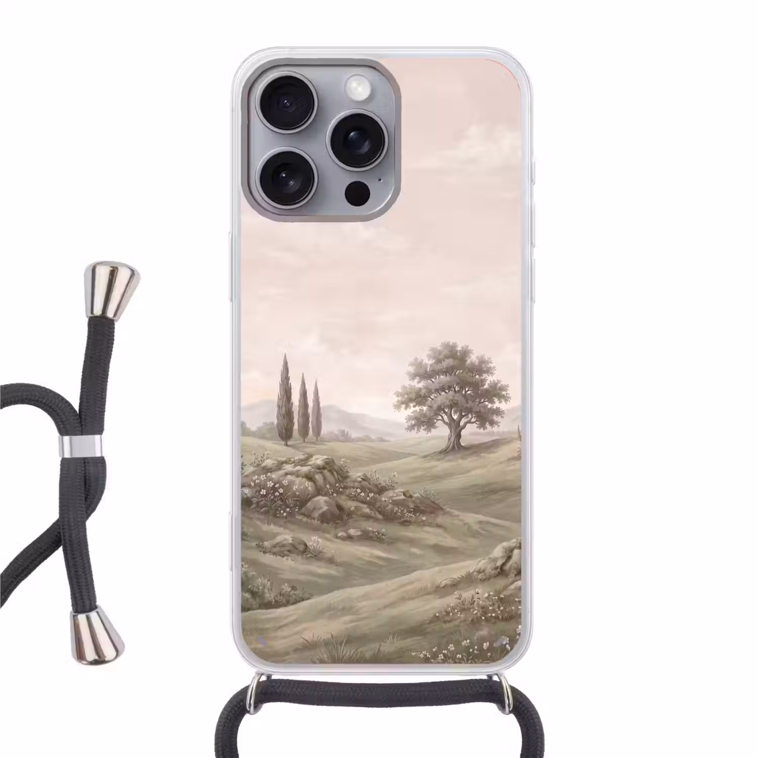 Heuvellandschap - Bomen - Natuur - Groen Hoesje iPhone 16 Pro Max met koord klein -3d
