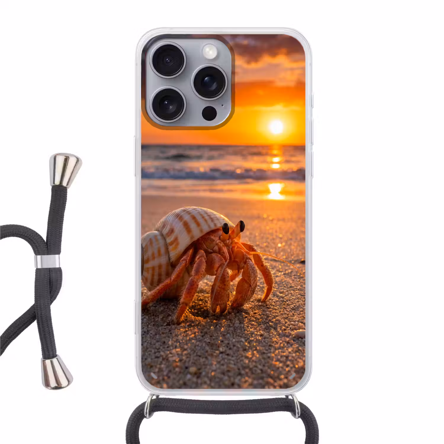 Kreeft - Strand - Natuur - Zonsondergang - Oranje Hoesje iPhone 16 Pro Max met koord klein -3d