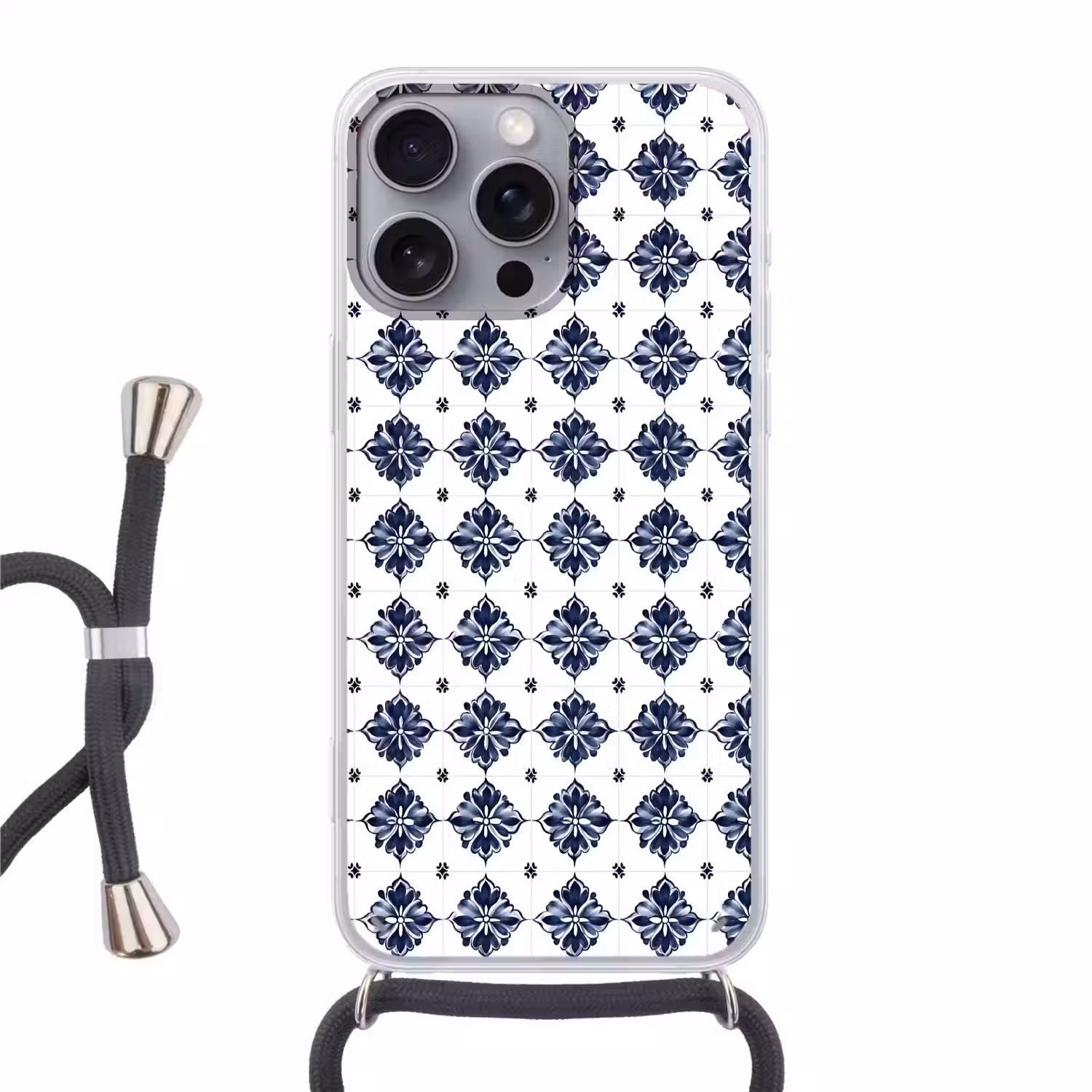 Tegelmotief - Blauw - Wit - Bloem Hoesje iPhone 16 Pro Max met koord klein 804 -3d