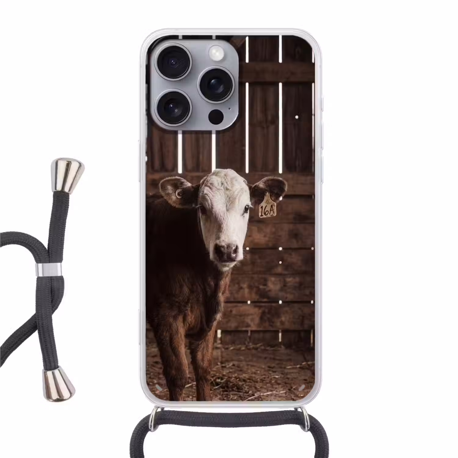 Kalf - Oormerk - Houten stal Hoesje iPhone 16 Pro Max met koord klein -3d