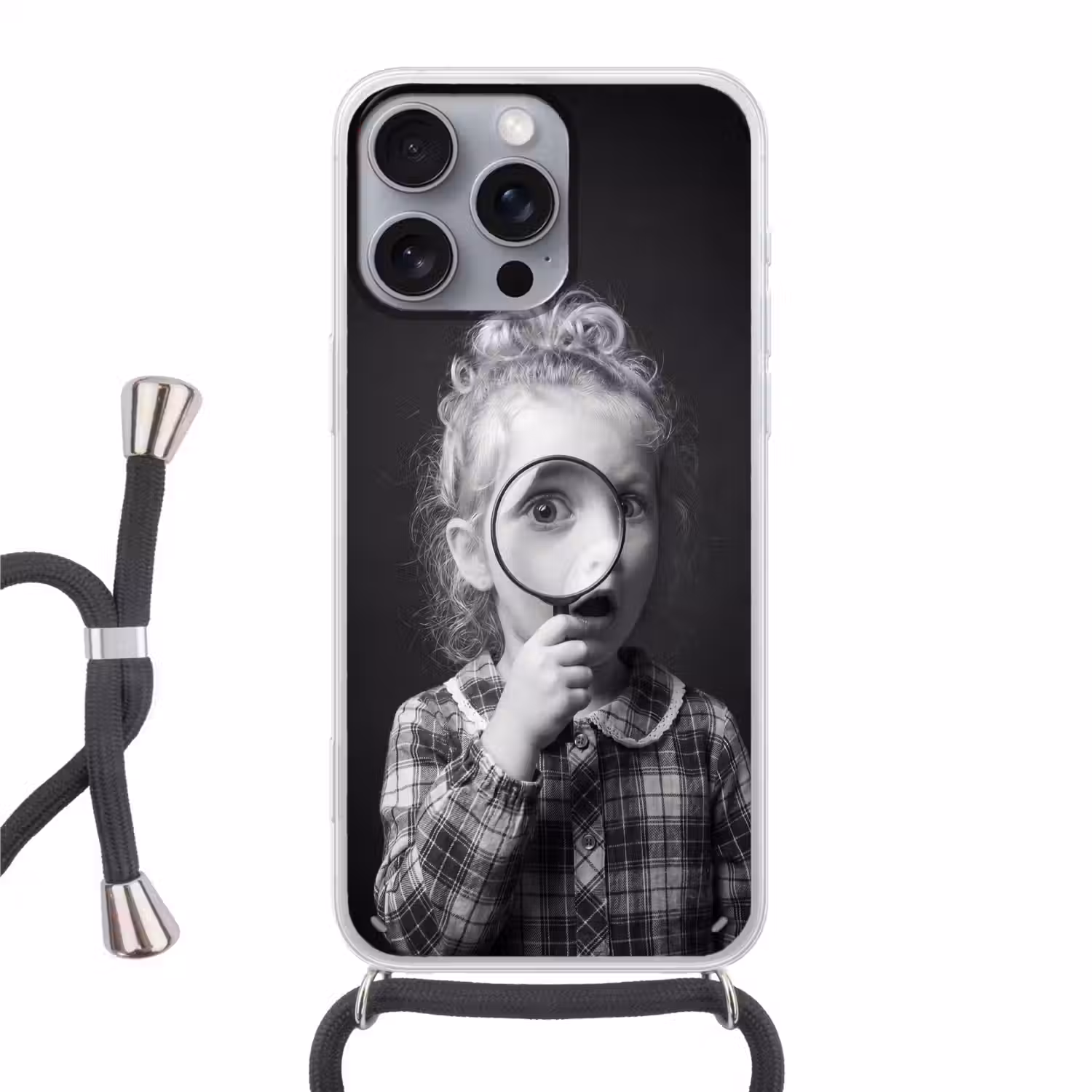 Kind - Vergrootglas - Portret - Zwart-wit Hoesje iPhone 16 Pro Max met koord klein -3d