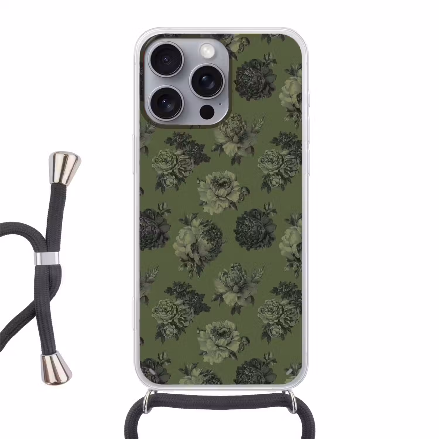 Klassiek - botanisch - olijfgroen - bloemen Hoesje iPhone 16 Pro Max met koord klein 804 -3d