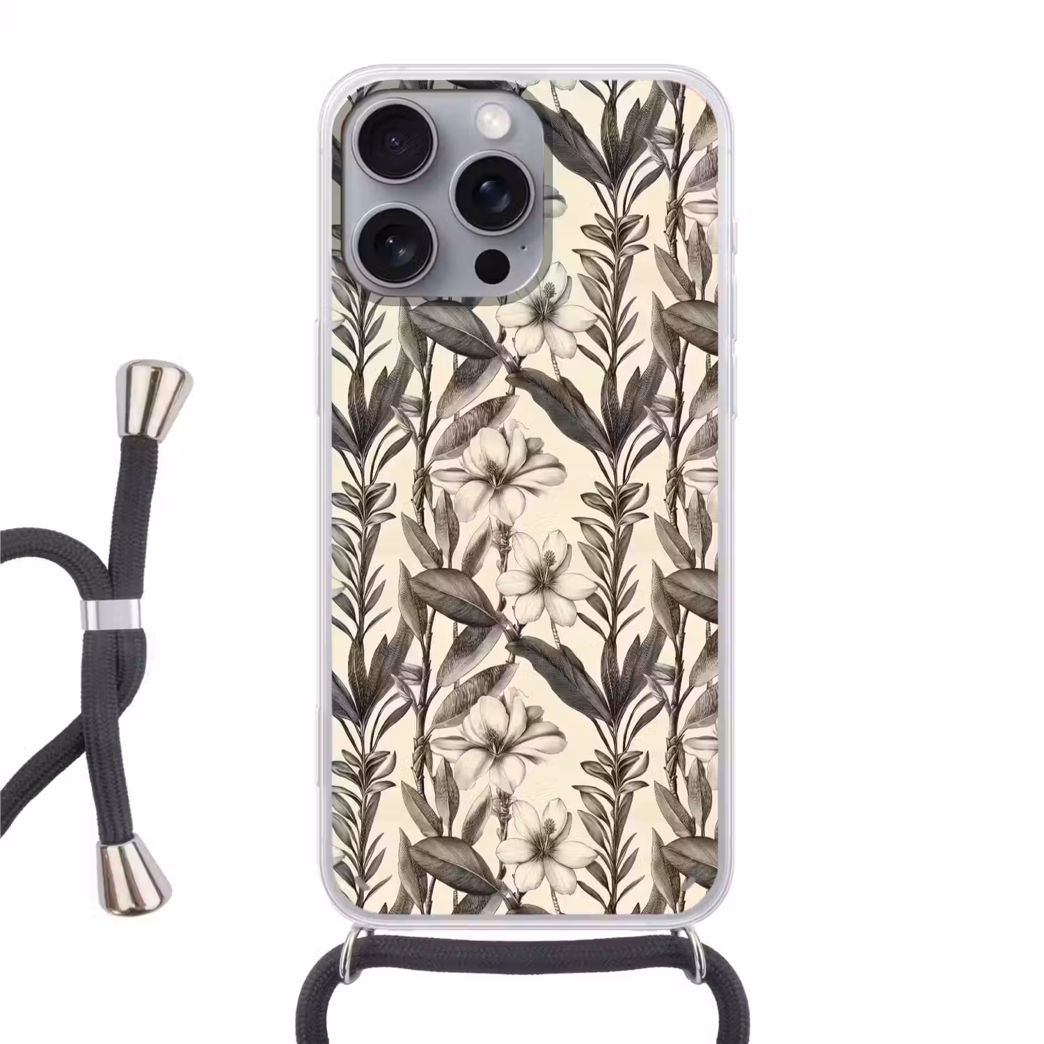 Klassiek - Botanisch - Zwart - Beige Hoesje iPhone 16 Pro Max met koord klein 804 -3d