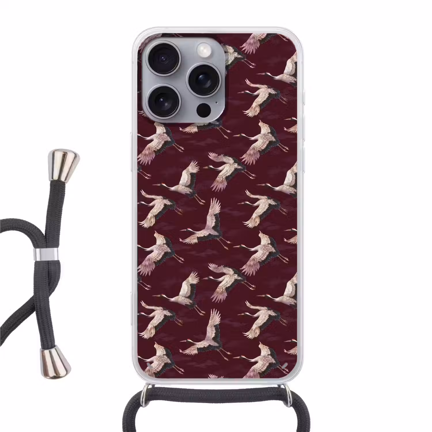 Kraanvogels - Klassiek - Bordeaux Hoesje iPhone 16 Pro Max met koord klein 804 -3d