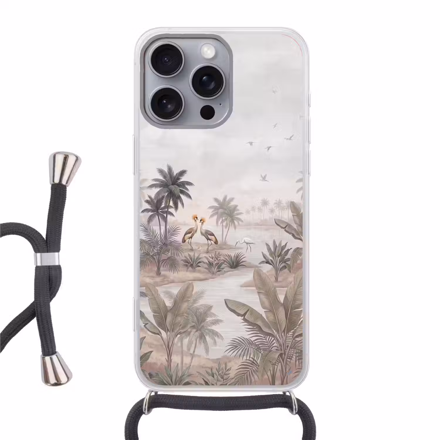 Kraanvogels - Palmbomen - Tropisch Hoesje iPhone 16 Pro Max met koord klein -3d