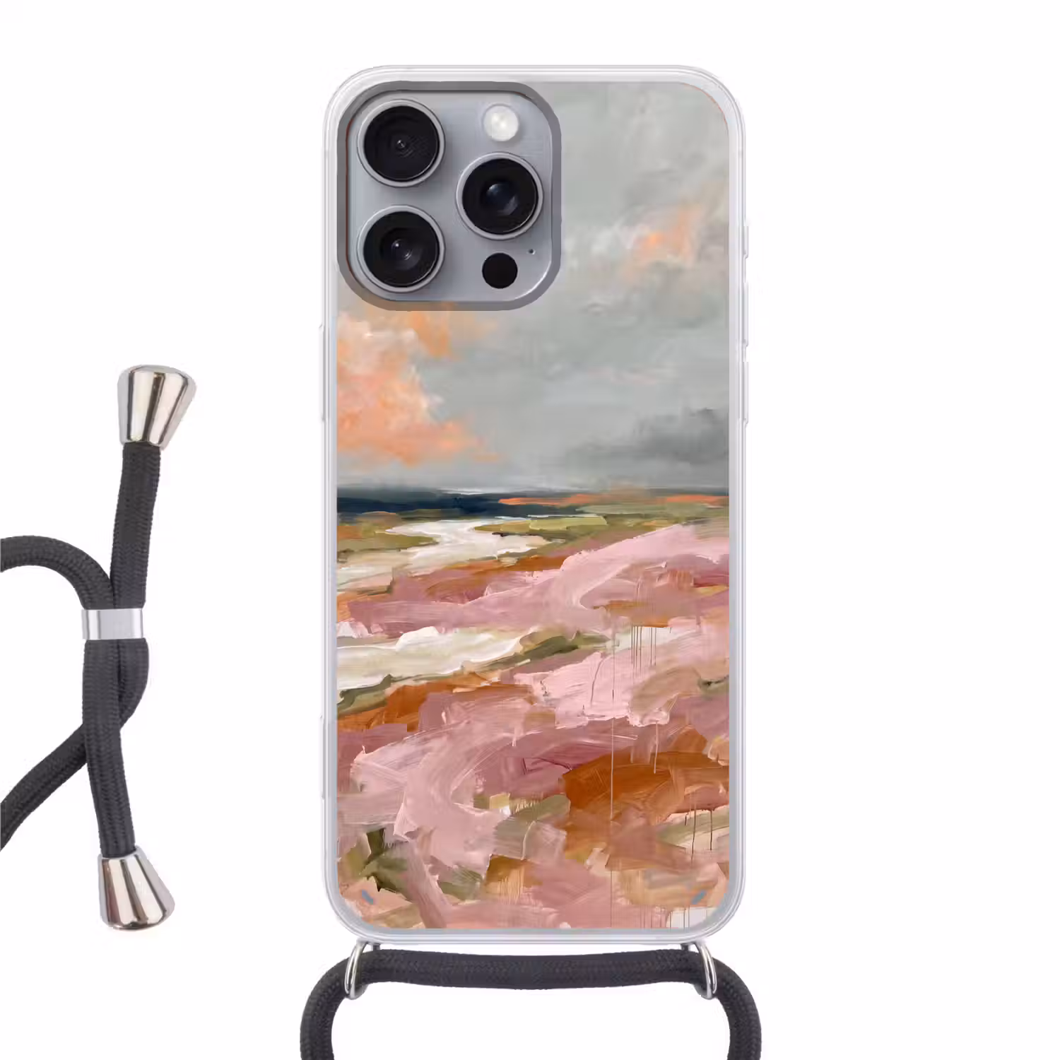 Landschap - Rivier - Abstract - Roze - Groen Hoesje iPhone 16 Pro Max met koord klein -3d