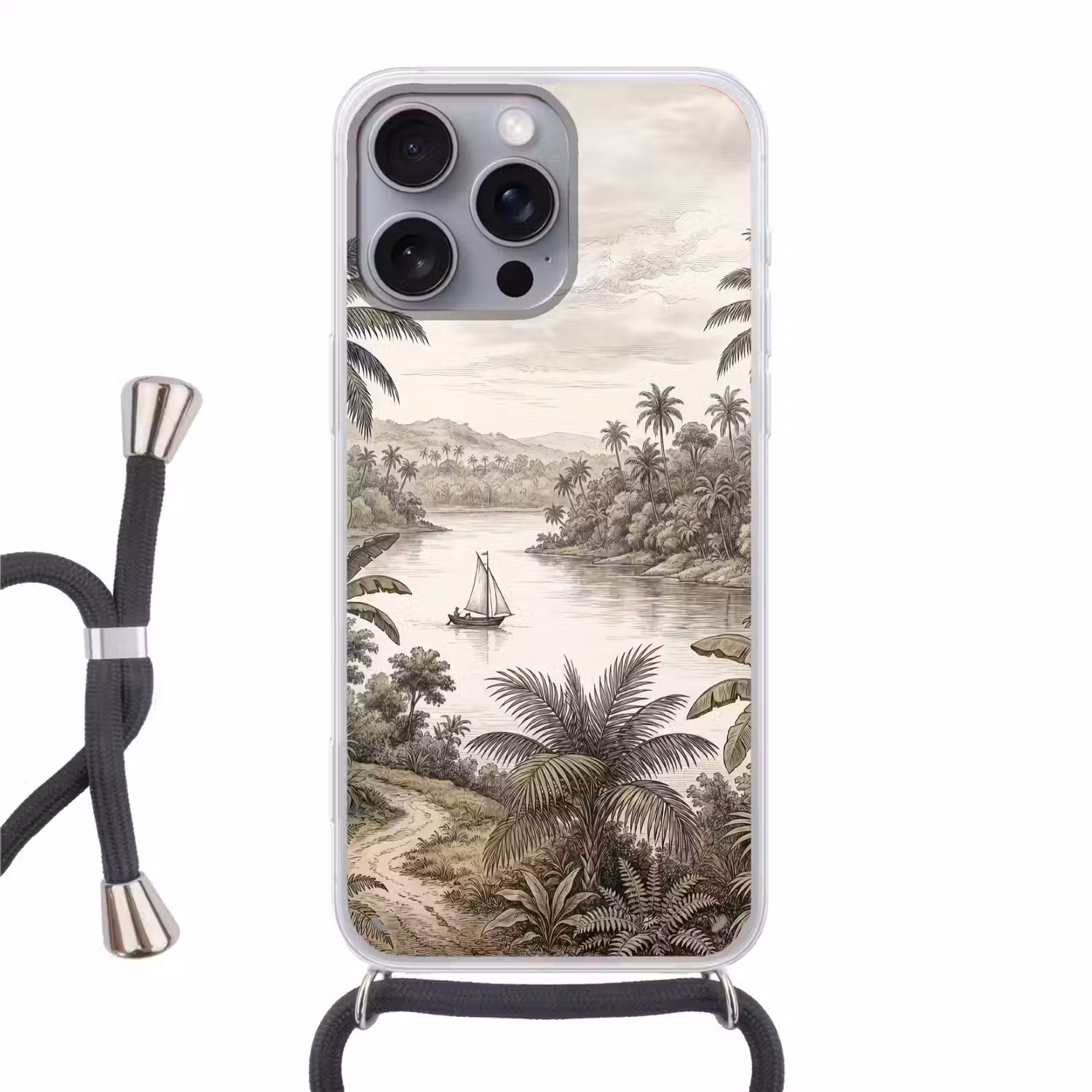 Landschap - Rivier - Boot - Tropisch - Vintage Hoesje iPhone 16 Pro Max met koord klein -3d